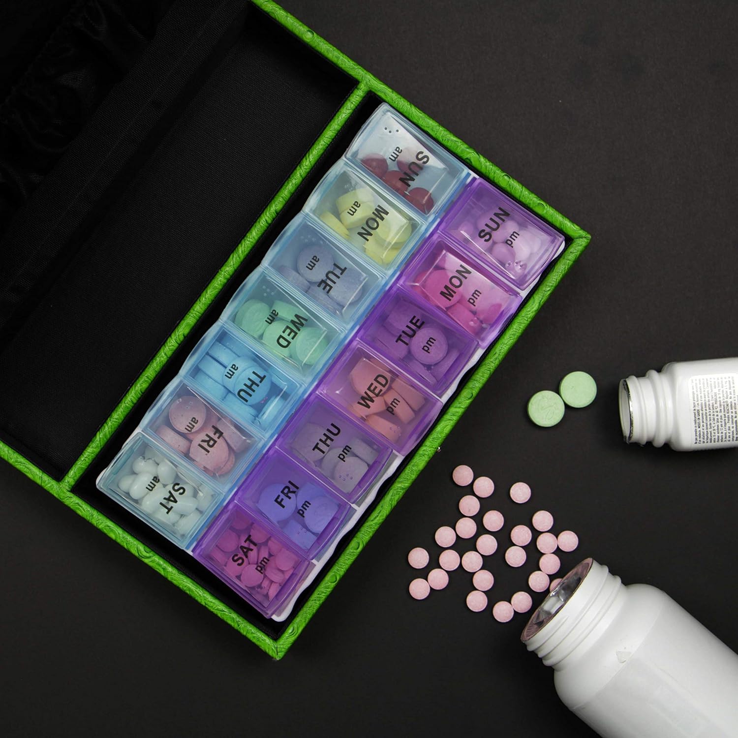 Leather 7 Day AM/PM Pill and Medication Organizer (Green)