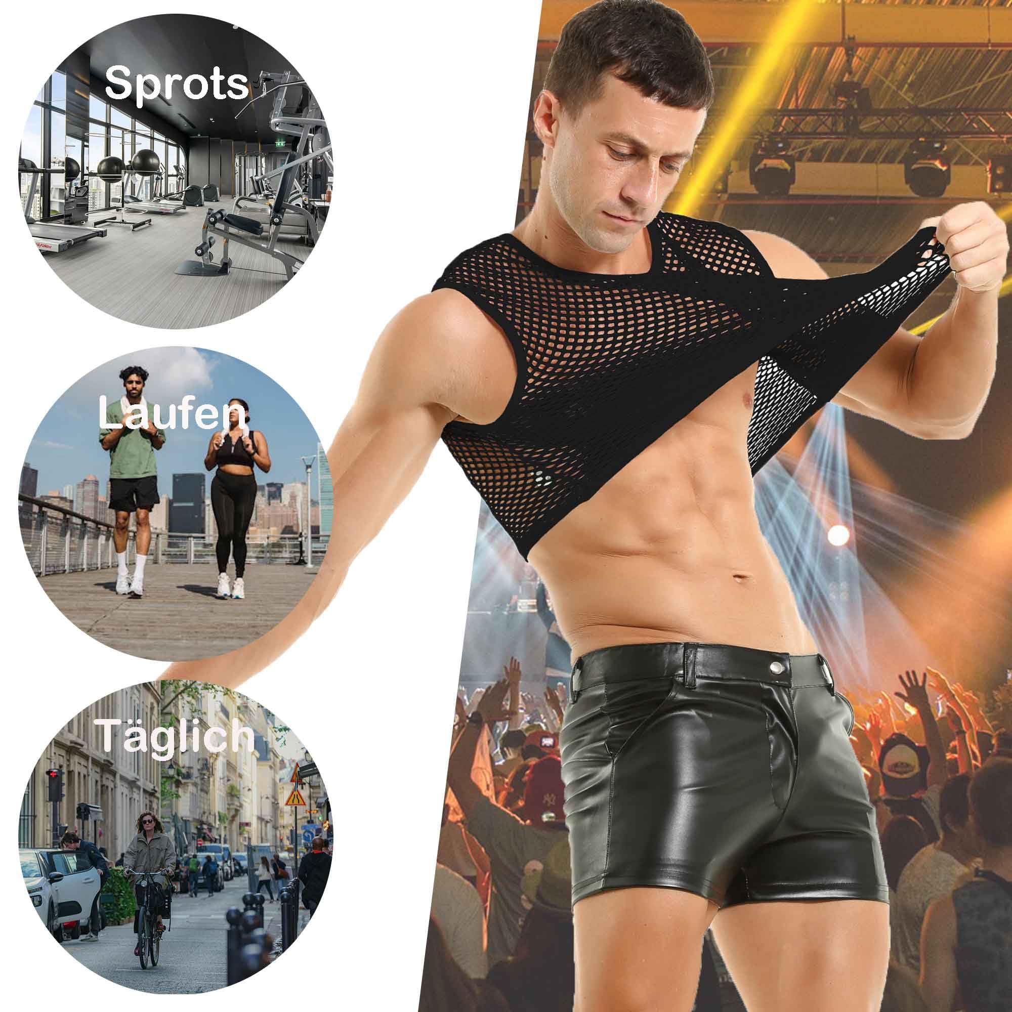 QiaTi Camisetas de malla para hombre, cuello redondo transparente, sin mangas, sexy