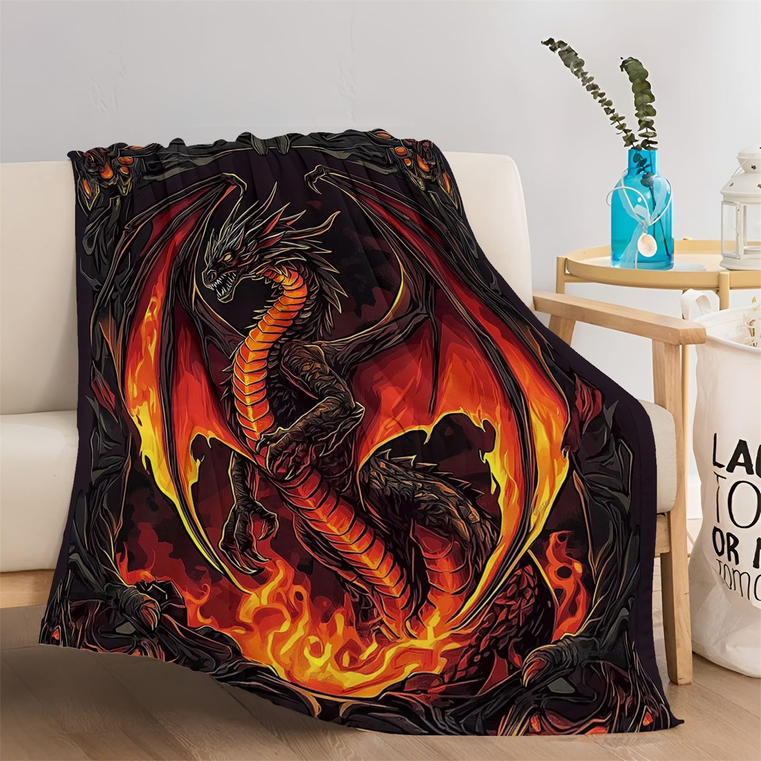 Decke 180 x 220 cm Kuscheldecken Sanft Flanell Weich Fleecedecke Dunkler Fantasy-Drache Bedruckte Decke für das Schlafzimmer Unschlagbar Weich Und Gemütlich Gold