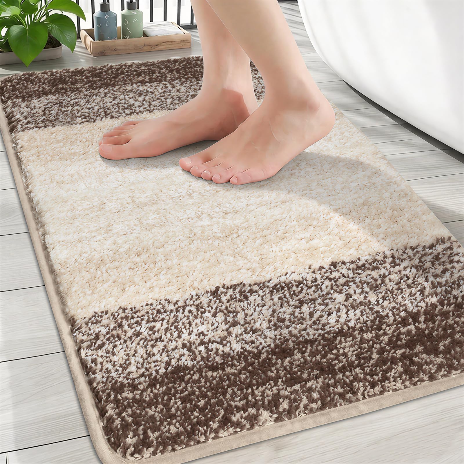 Famibay Bath Mat 60x120cm Non Slip Bathroom Mat Long Washable Bath Rug for Bathroom Floor Absorbent Microfiber Soft Beige Brown