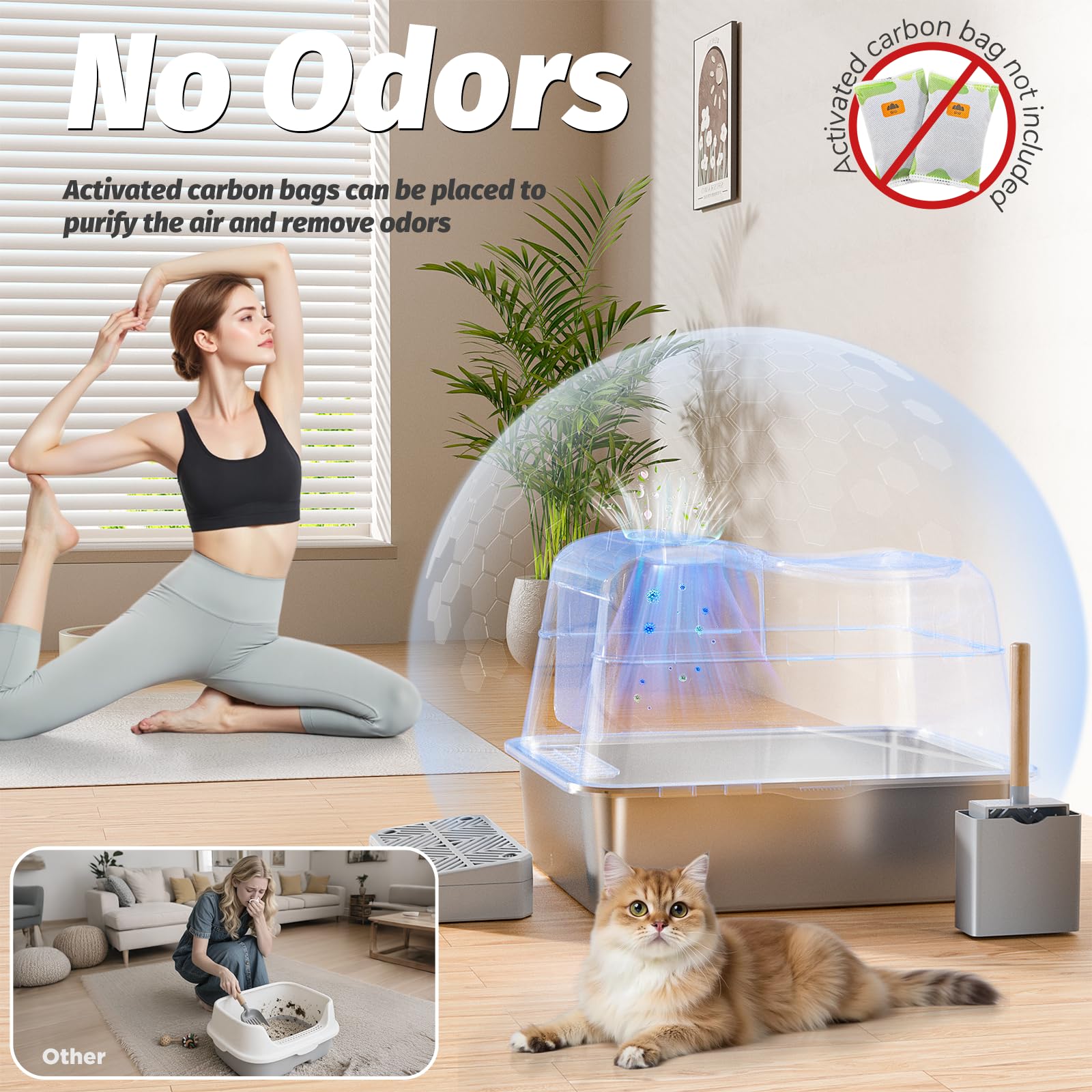 Edelstahl Katzenklo mit Deckel, 40L Große Kapazität 110° Flip-Cover Design | XXL Metall Geschlossen Katzentoilette aus Edelstahl mit Schaufel und Fußpedal, Hoher Rand, Auslaufsicher und Leicht Reinigen