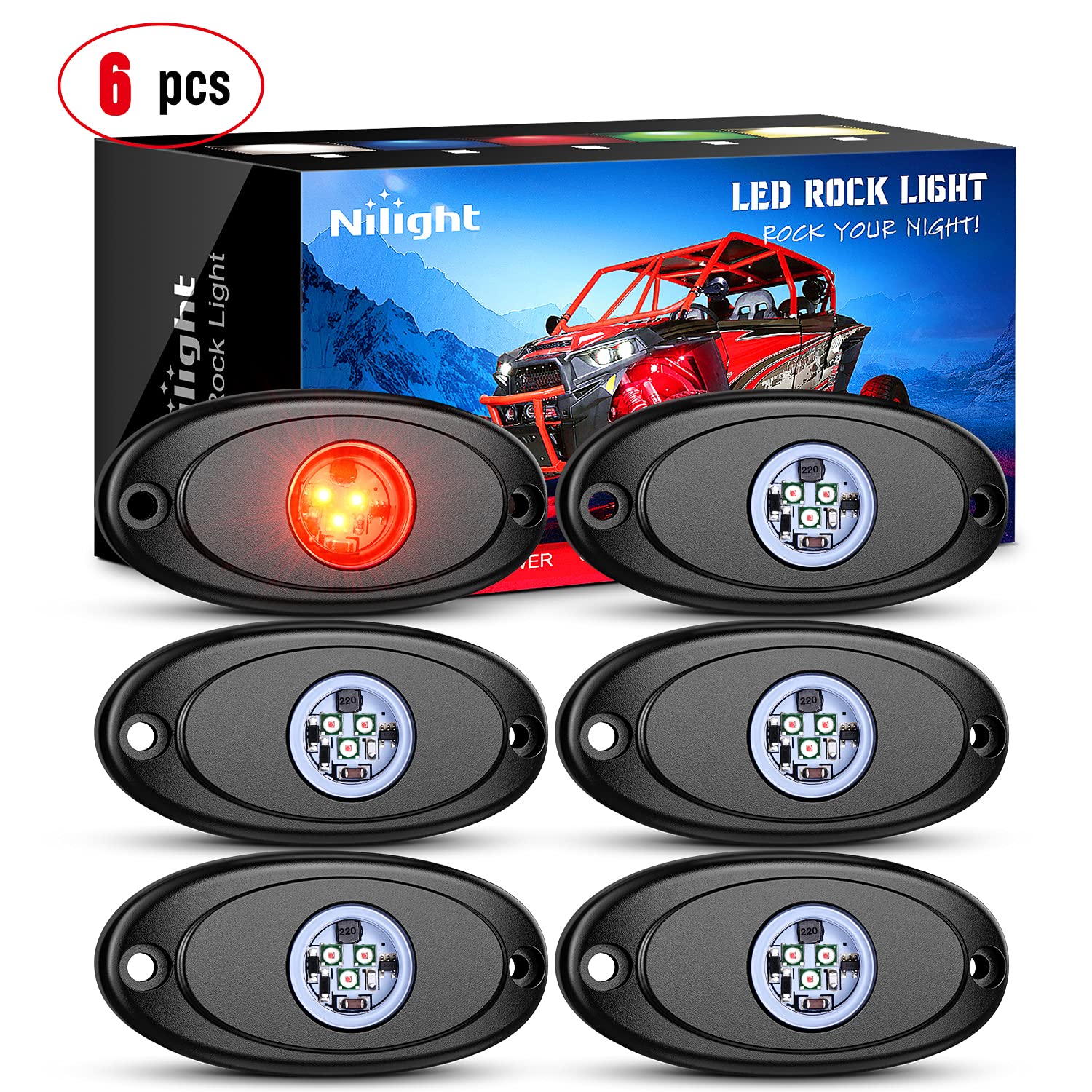 Nilight LED Rock Light 6PCS Red Light Pods Waterproof Under Body Wheel Well Light Exterior Interior Lights for Car Truck Pickups ATV UTV SUV Motorcycle Boat, 2 Years Warranty