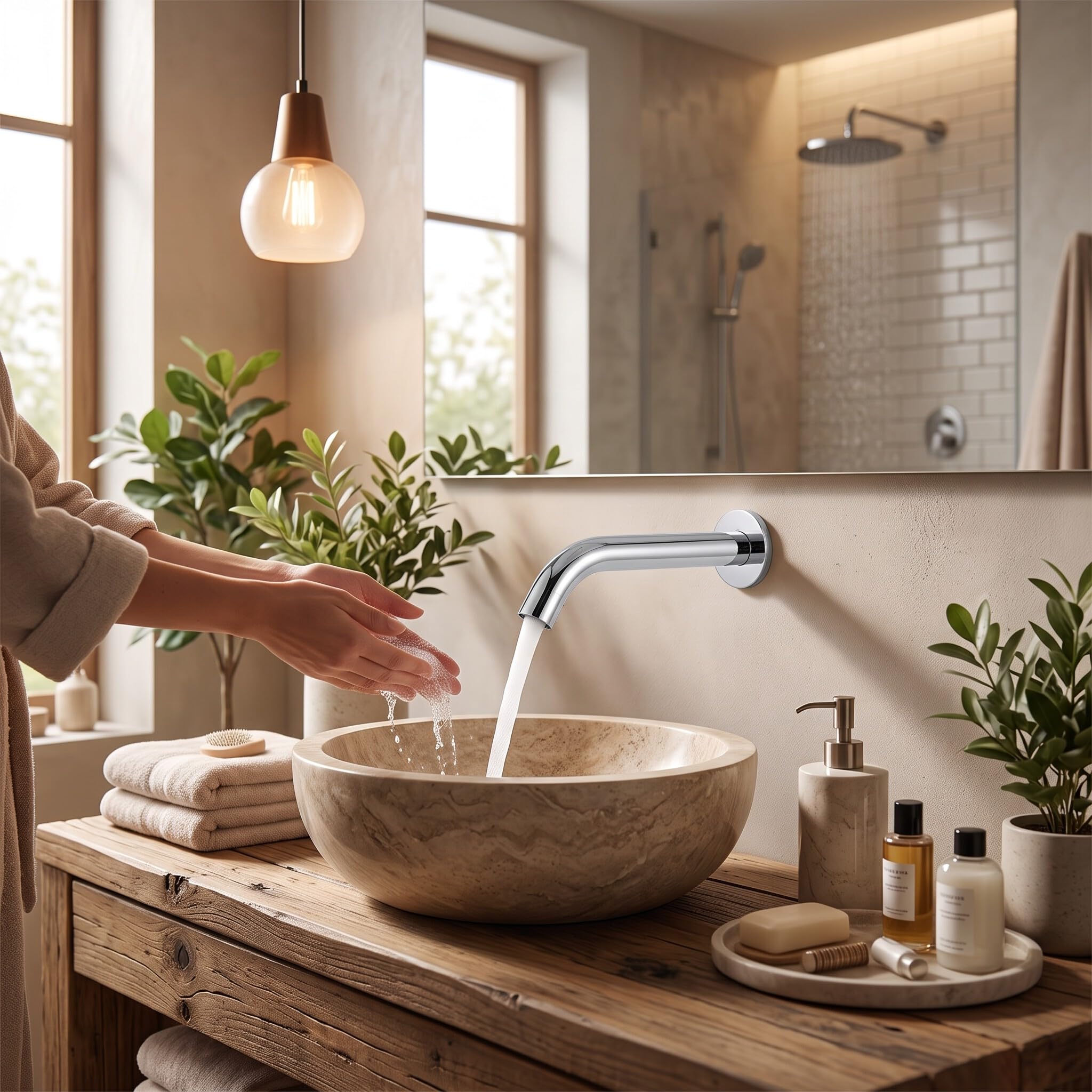 lyrlody Grifo de Baño con Sensor de Infrarrojos, Montado en la Pared, Acero Inoxidable, Activación por Sensor, para Baño, Cocina, Hotel