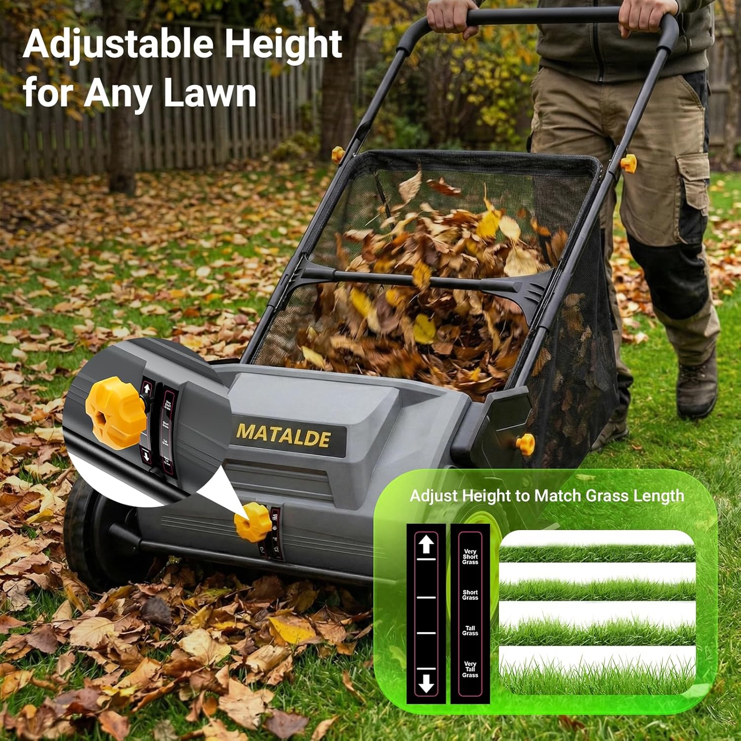 21" Push Lawn Sweeper with 103L Mesh Collection Hopper Bag,200L Leaf Bag, 4 Adjustable Height Spinning Brushes– Quick Cleaning for Leaves and Grass,Grey