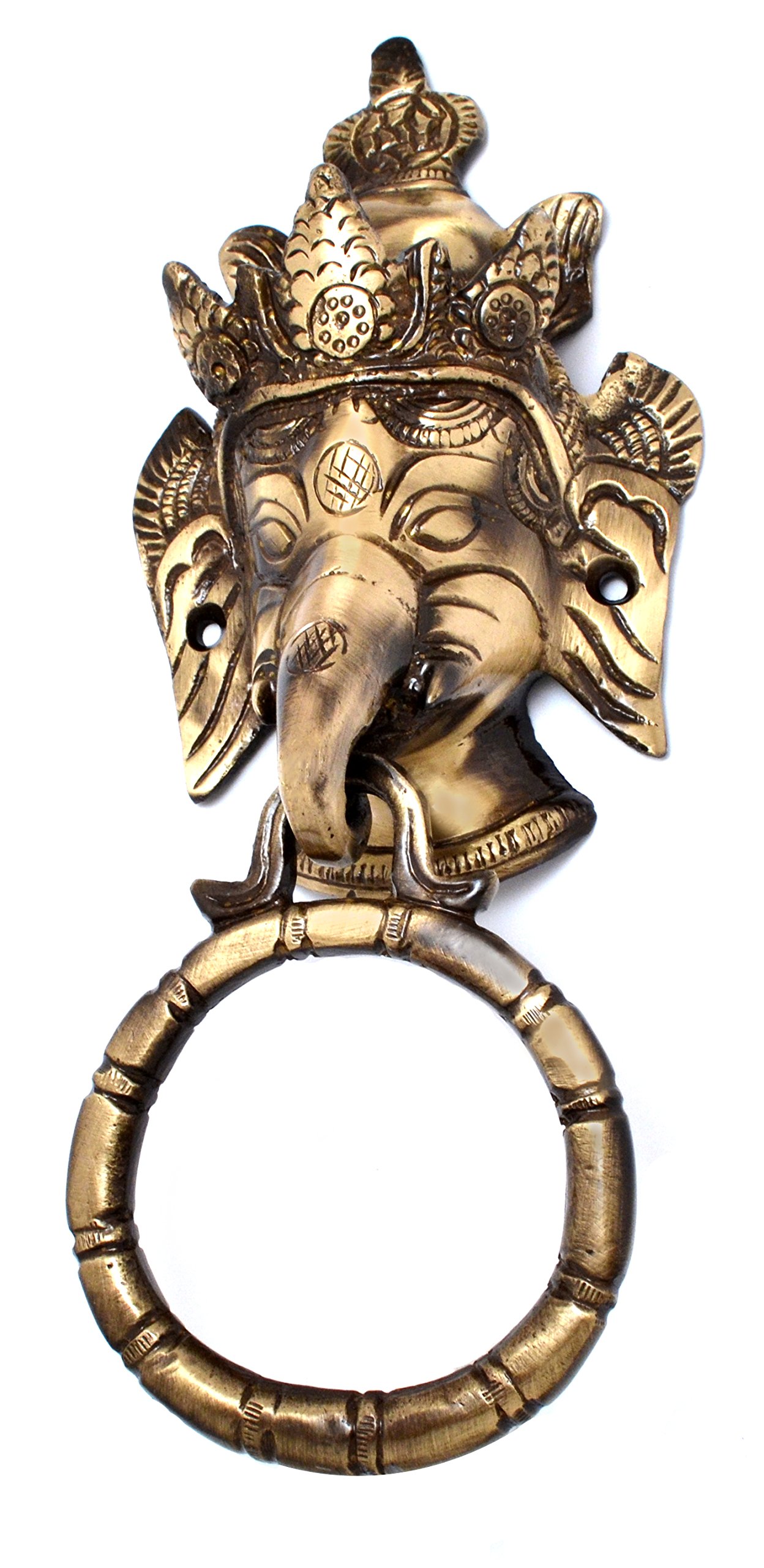 Two Moustaches Crown Ganesha Brass Door Knocker, Front and Main Doors, Pooja Room, Dimensions: Length: 3.5 inches (8.7 cm), Width: 2 inches (5 cm), Height: 8 inches (20 cm)