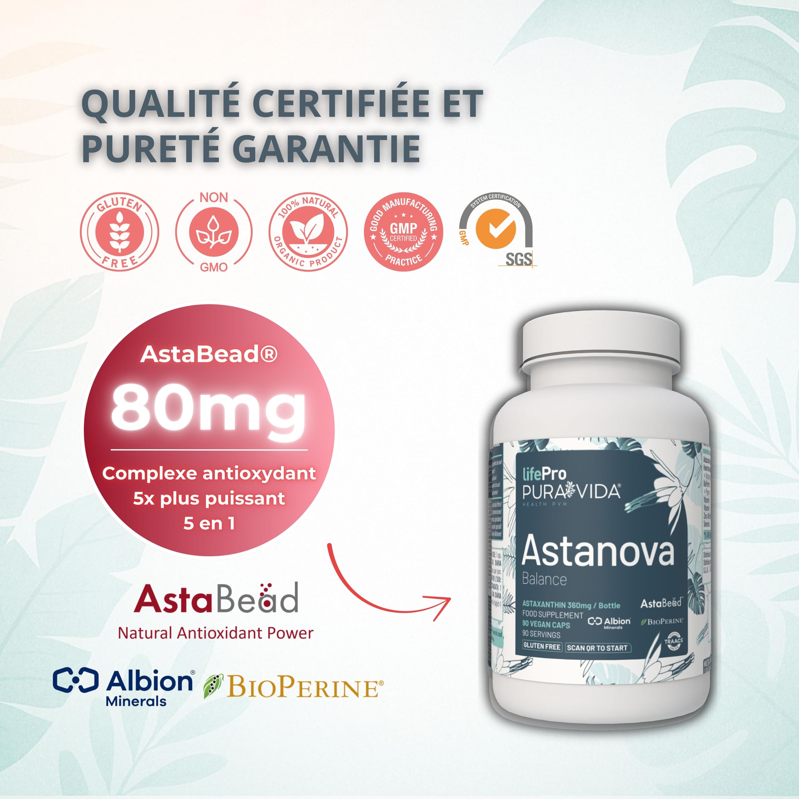 Life Pro Astanova Astaxanthine Pure 4mg avec Vitamine D3 E Zinc Sélénium, Antioxydant Puissant, 90 Gélules Véganes