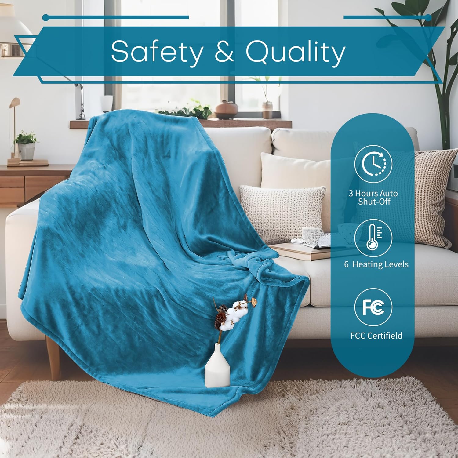 LUXIAN Electric Heated Blanket Twin Size 62"x84" - Flannel & Sherpa Fabric Dual-Sided, 6 Heat Settings & 1-10 Hours Auto Off, Machine Washable, Tile Blue - Image 2