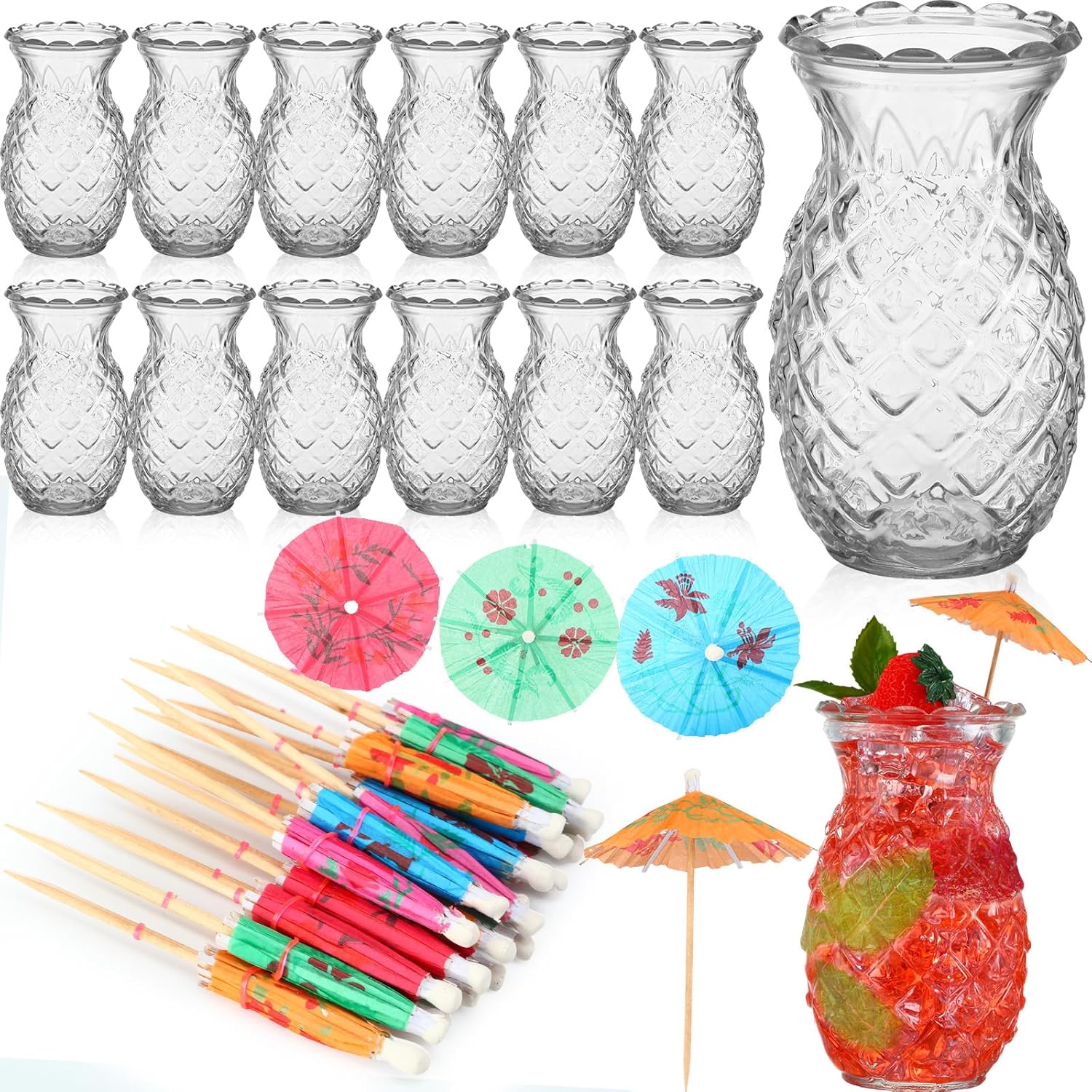 Tioncy 20 Pcs Pineapple Glasses 200 Pcs Candy Cane Drink Umbrellas 18 oz Pineapple Glasses for Cocktails Drink Umbrellas Cocktail Picks Pineapple Beverage Drinkware for Party Decor(Clear)