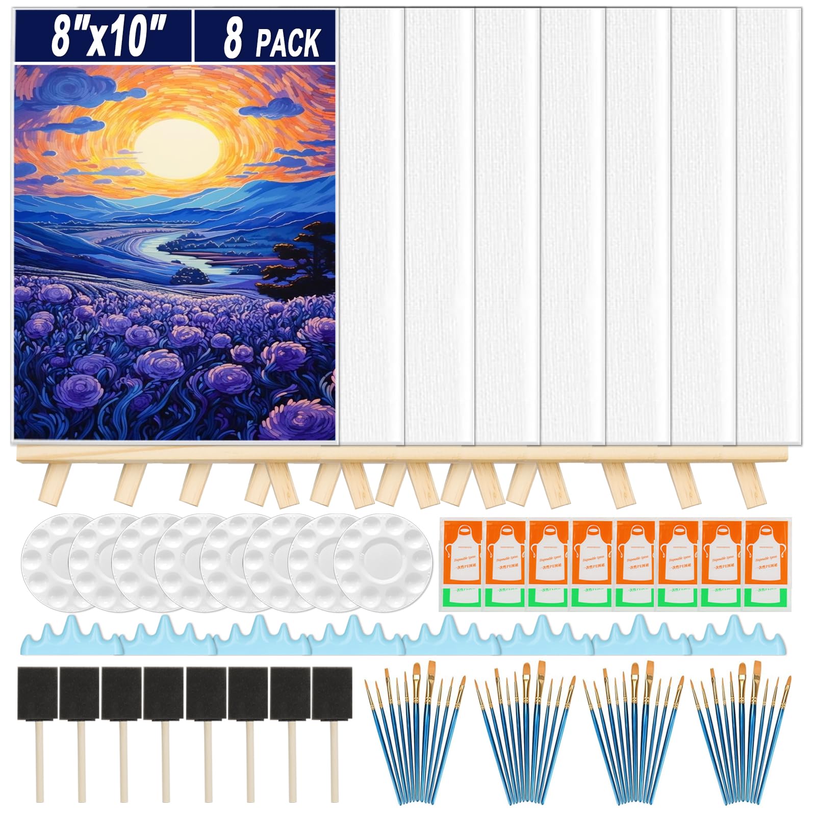 96-teiliges Leinwand-Set, 8 Stück, 20,3 x 25,4 cm, Leinwand und Holzstaffeleien zum Malen, einfach zu tragen, ausgestattet mit 8 Farbpaletten und 40 Pinseln, für Outdoor-Malerei, Malparty
