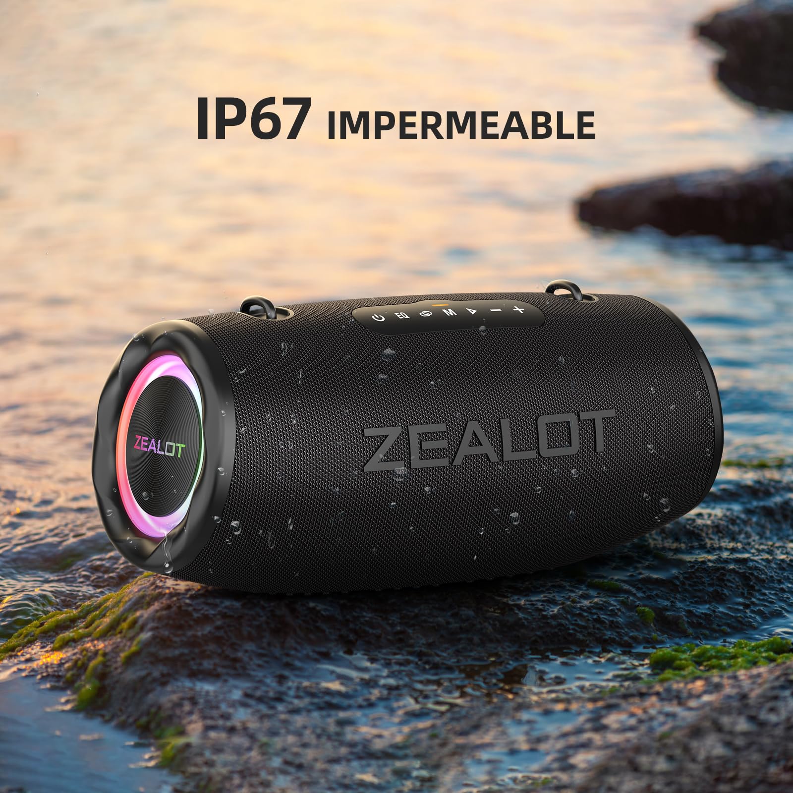 Zealot Altavoz Bluetooth Grande 80W de Potencia con Luz LED, Altavoces Inalámbricos 16000mAh Batería, Autonomía de 40 Horas, Puerto de AUX, USB, Tarjeta TF, Bluetooth 5.2, IP67 Impermeable, Negro