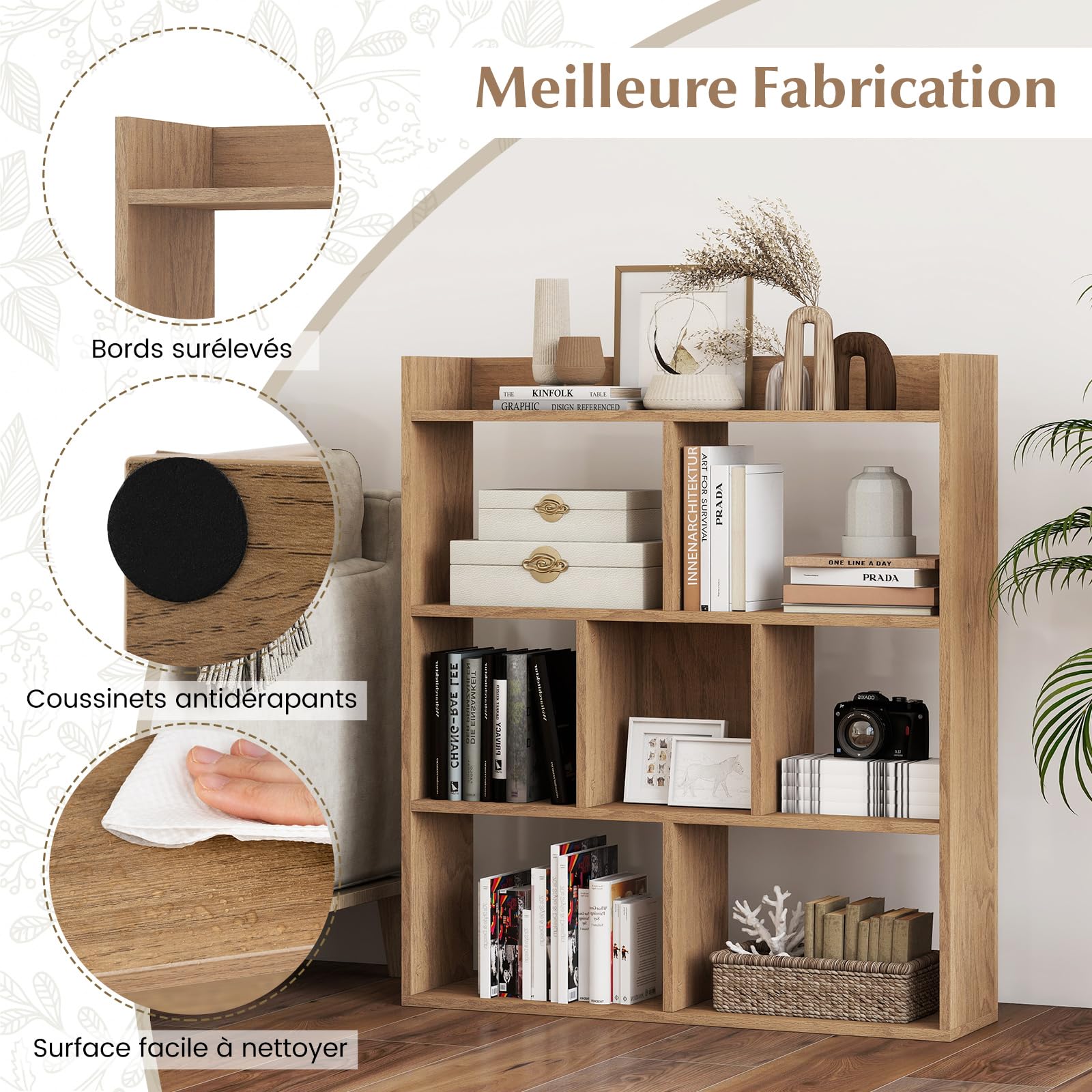 GOPLUS Étagère Bibliothèque à 7 Cubes Ouvertes, Bibliothèque en Bois à 3 Niveaux avec Kits Anti-basculement, Meuble Rangement pour Salon, Bureau, Bureau, 80x20x90cm (Naturel)