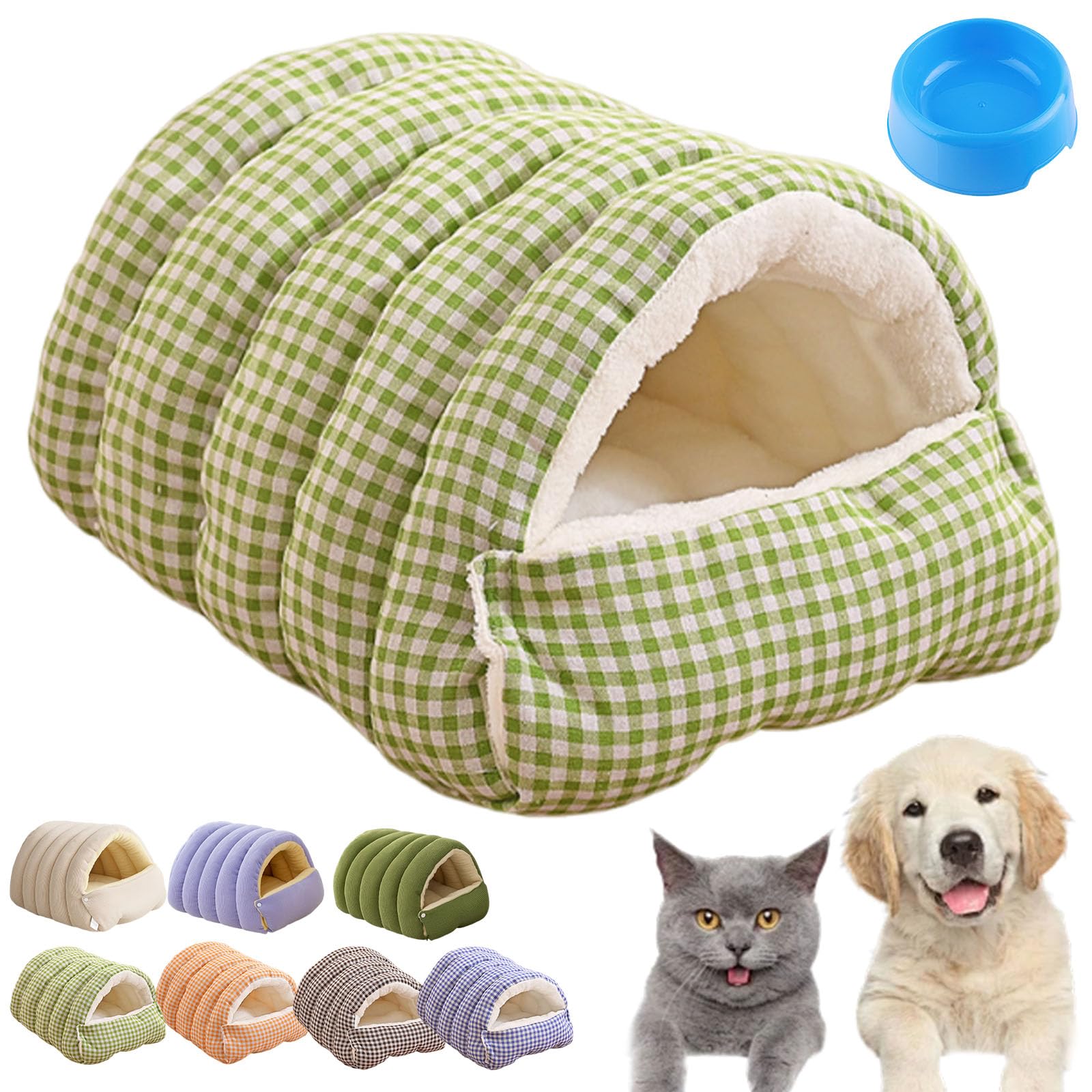 Enclosed Cat Beds for Indoor Cats, 2026 New Covered Pet Cave, Warm Plush Cozy Washable Tent with Removable Cushion, Pets Sleeping Bag for Indoor (Green Plaid, M for 4KG cats or 2.5KG dogs)