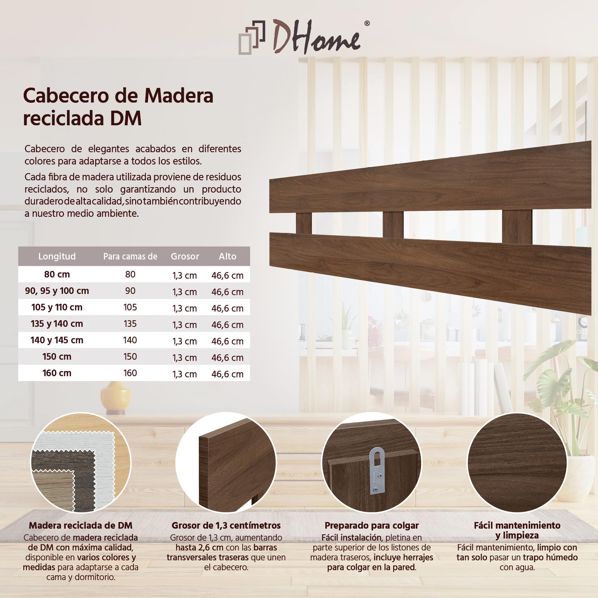 DHOME Cabecero de Madera reciclada DM Horizontal Estilo Valla Cama Palets Herrajes incluidos (150x46, Nogal)