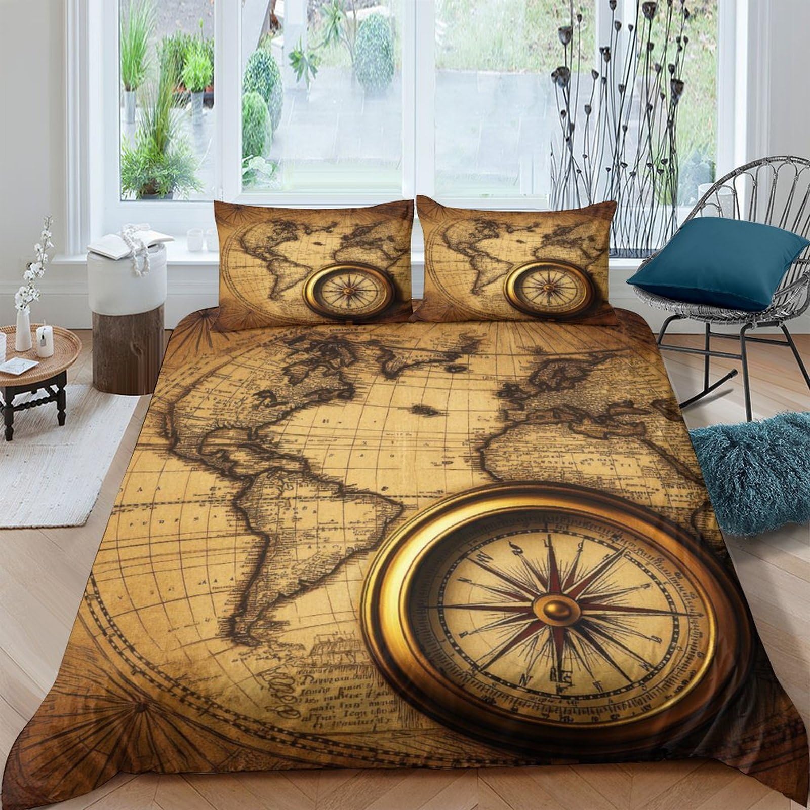 Ctjqhvkz Style-5 3D Printed Vintage World Map Fitted Sheet Microfiber Soft Compass Art Bed Cover For Bedroom Guestroom Dorm Mattress Protection Single（135X200cm）