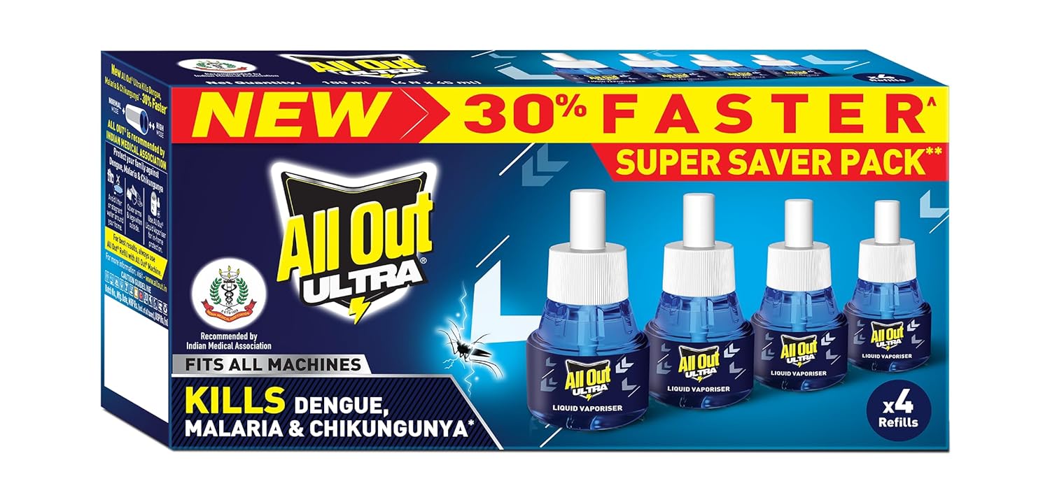 All Out Ultra Liquid Vaporizer, 4 Refills (45ml) | Kills Dengue, Malaria & Chikungunya Spreading Mosquitoes | India’s Only Mosquito Killer Brand Recommended by Indian Medical Association