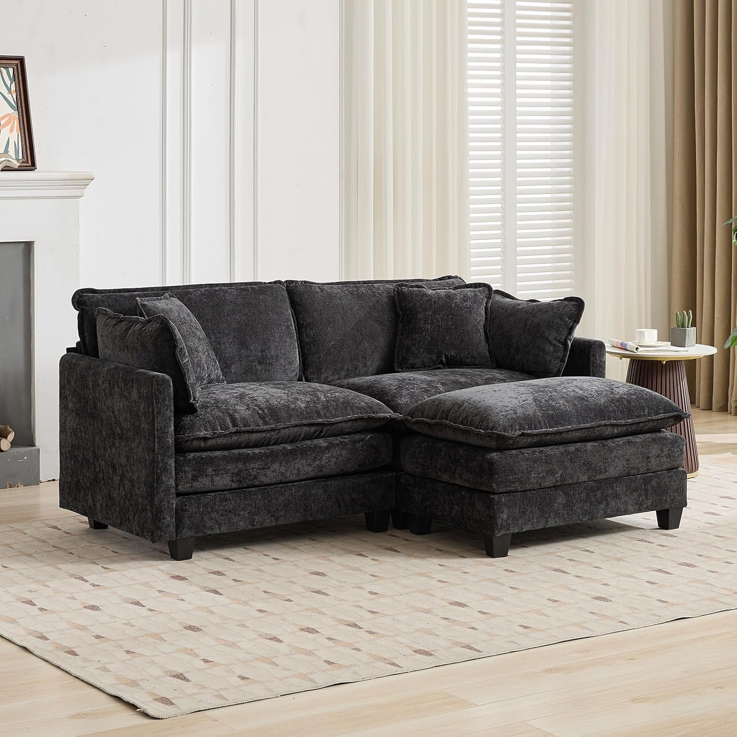 ODUSE-DAILY 76.7" Oversized Black Loveseat Sofa, 2 Seater Large Sectional Couches for Living Room, Chenille Fabric Modular Sectional Sofa with 1 Ottoman, Deep Seat Modern Sofas Set, Love Seat Couches