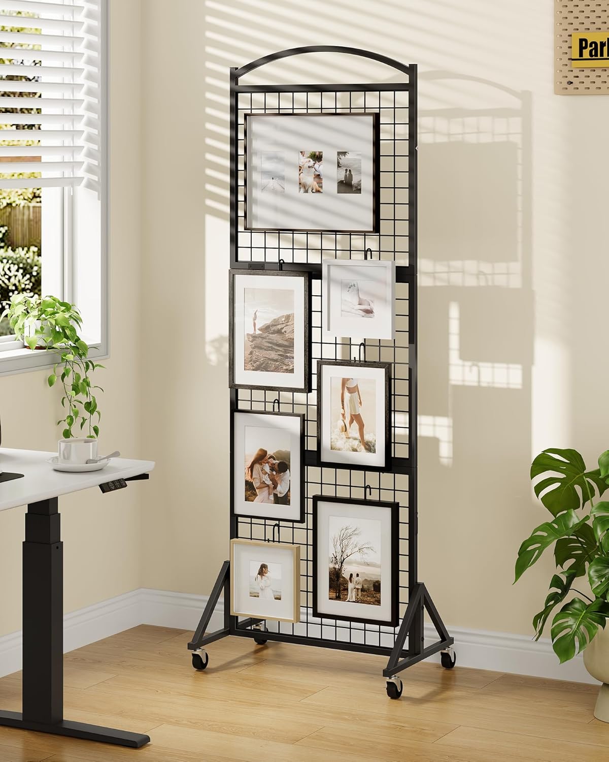 Foldable Grid Wall Panel 1.9' x 5.6' FT, Movable Gridwall Display Rack, Wire Grid Rack on Wheels, Retail Display Stand, with 4 S-Shaped Hooks and 4 Garment Hooks, Black TCJ37BB