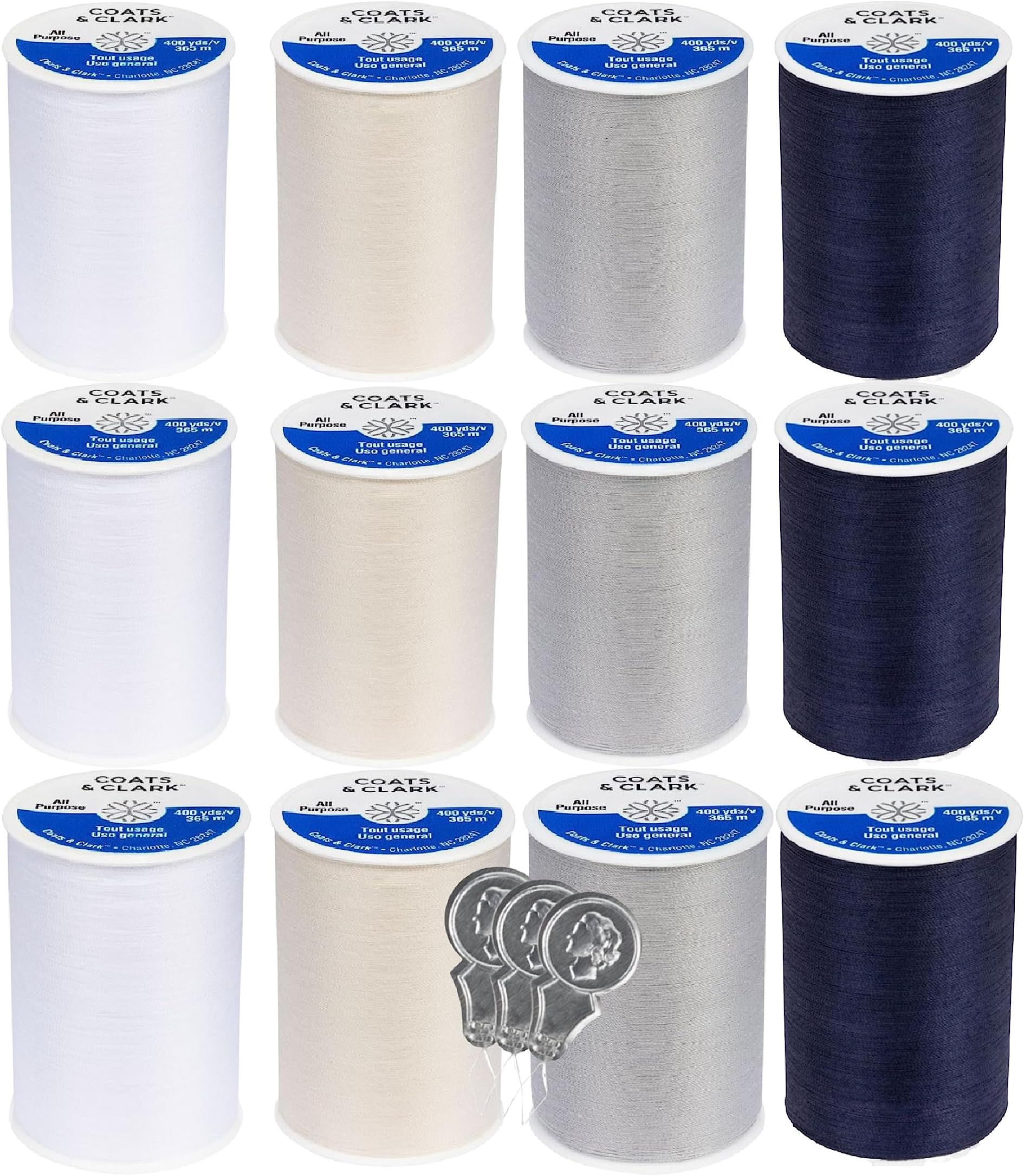 Coats & Clark Dual Duty All Purpose Sewing Thread 230A 400 Yards Each Spool 12 Pack Bundle with Bella's Crafts Needle Threaders (White Natural Nugrey Black)
