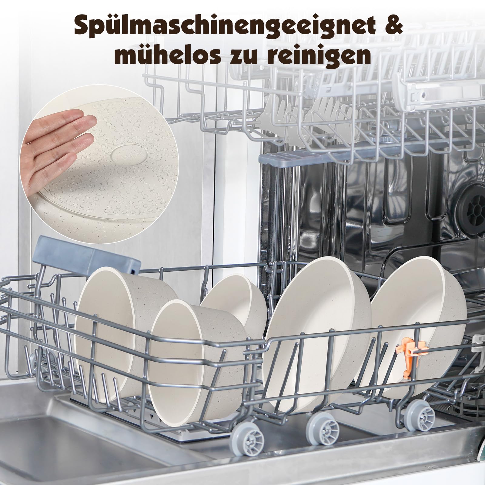 YASHE 21-teiliges Topf- und Pfannen-Set, antihaftbeschichtet, mit abnehmbaren Griffen und Glasdeckel, induktionsgeeignet, ofenfest, stapelbar, Weiß