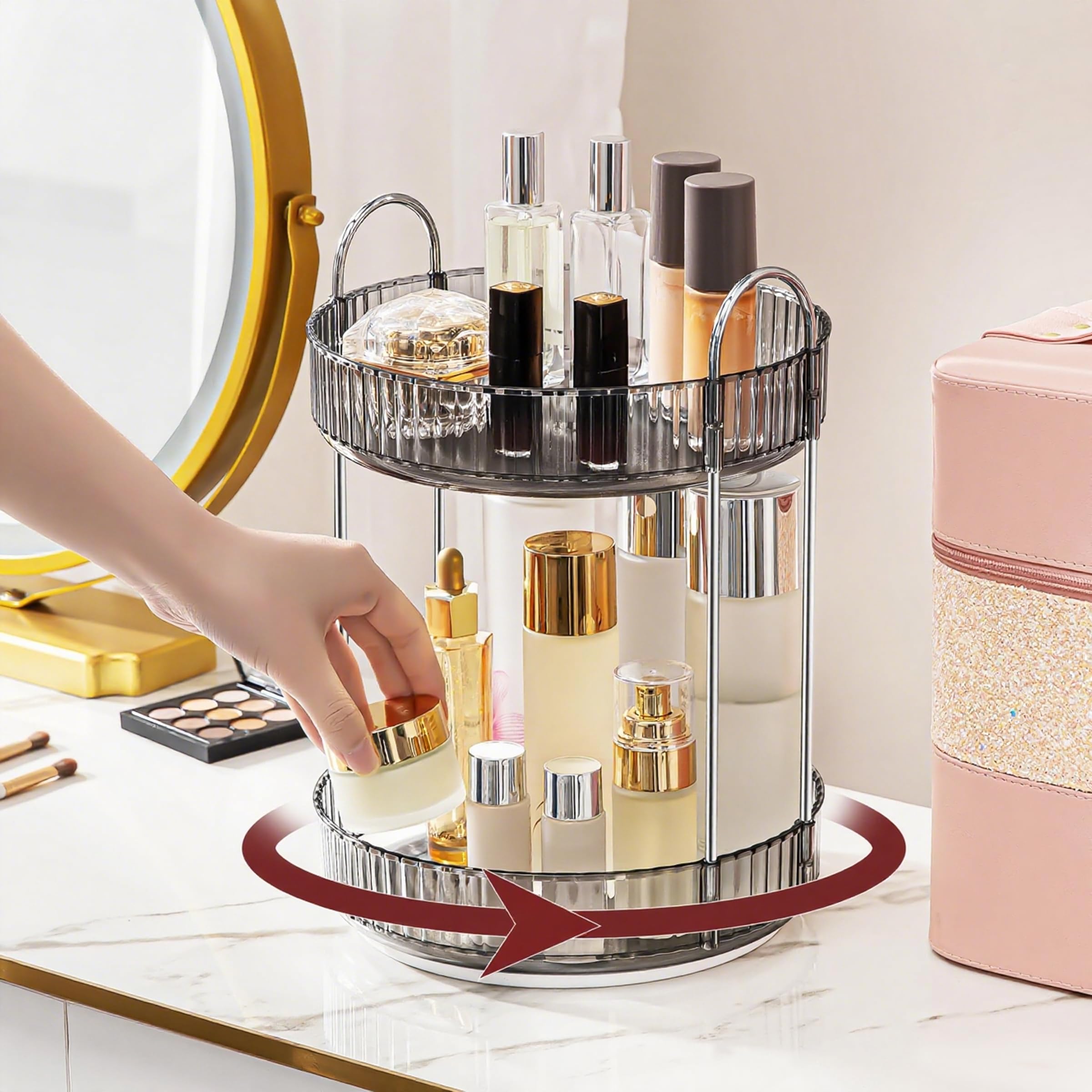 INVSSENE Organizer per trucchi rotante a 360°, porta trucchi da bagno, grande capacità, ripiano per cosmetici, profumi, cura della pelle, rossetti (2 ripiani, grigio)