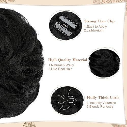 Miniatura 3 de Leterly Moño desordenado, extensiones de cabello sintético con clip de garra, para mujer, color negro oscuro