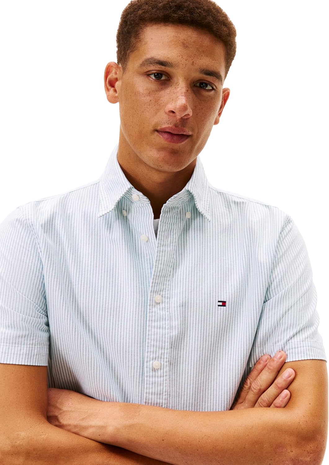 Tommy Hilfiger Men's Short Sleeve Oxford Shirts in Regular Fit, Men's Button Down Shirts DEEP Ocean/Stripe XX-Large