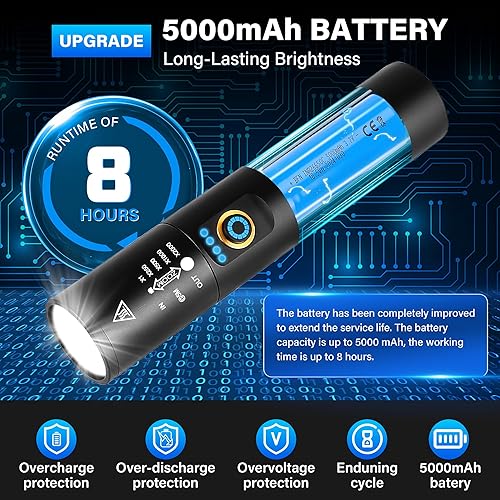 Miniatura 6 de Linternas recargables de alto lúmenes, 2000 lúmenes, linterna súper brillante, 5 modos de mano potentes USB C de emergencia LED de emergencia luces