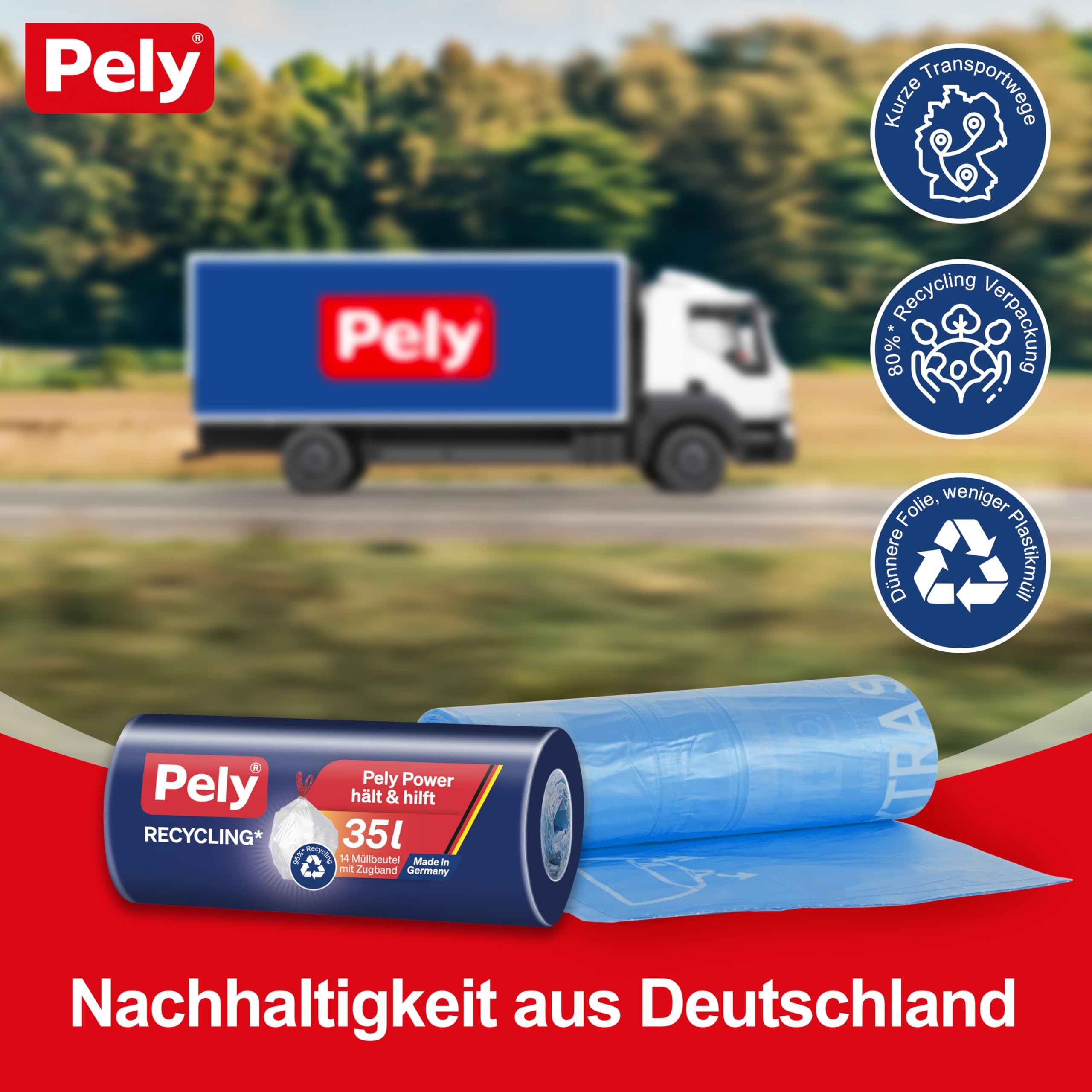 Pely Zugband Müllbeutel aus 95% Recyclingmaterial 35 Liter, Vorteilspack (16 x 14 Stück), blau, für die Entsorgung von Restabfall (35 Liter)