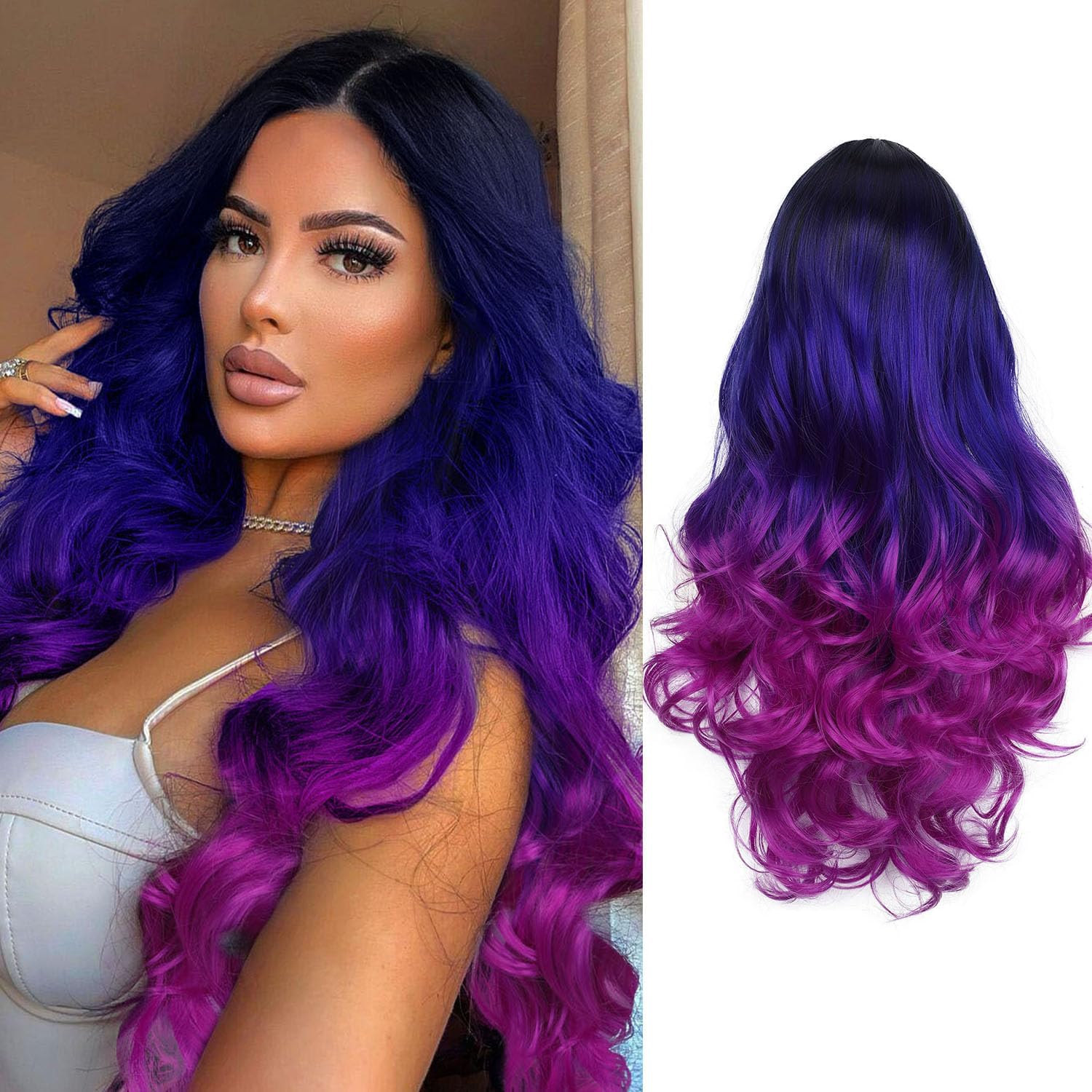 Amazon.com: WIGER Long Wavy Wig - Black to Blue to Purple Ombre Color ...