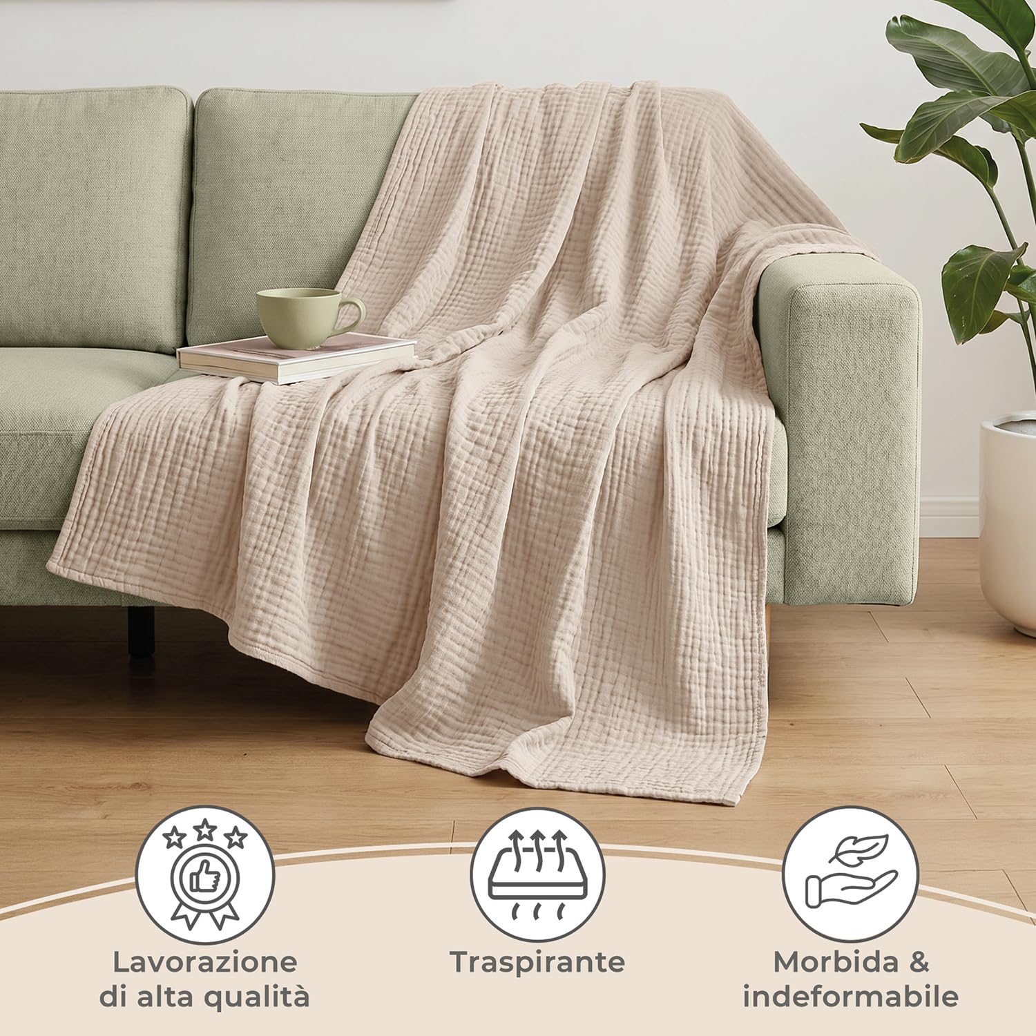 LAYNENBURG Copriletto in mussola Premium 220 x 240 cm XXL - 100% cotone - coperta in cotone extra morbida come coperta accogliente, copriletto, copridivano, copridivano (beige)