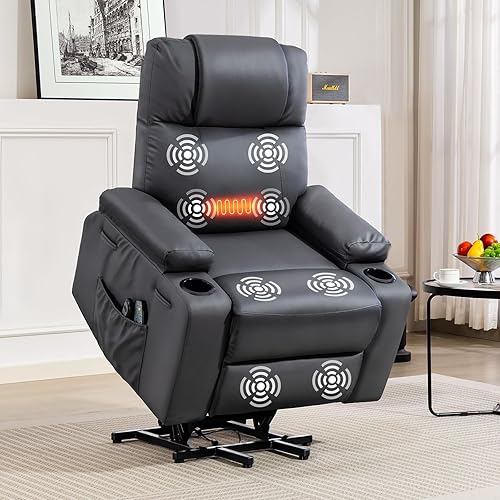 Power Lift Recliner Chair for Elderly with Heat & Massage, 160° Electric Adjustable PU Leather Recliner with Remote Control, Stand Assist, Cup Holders & Side Pockets for Living Room (Gray)
