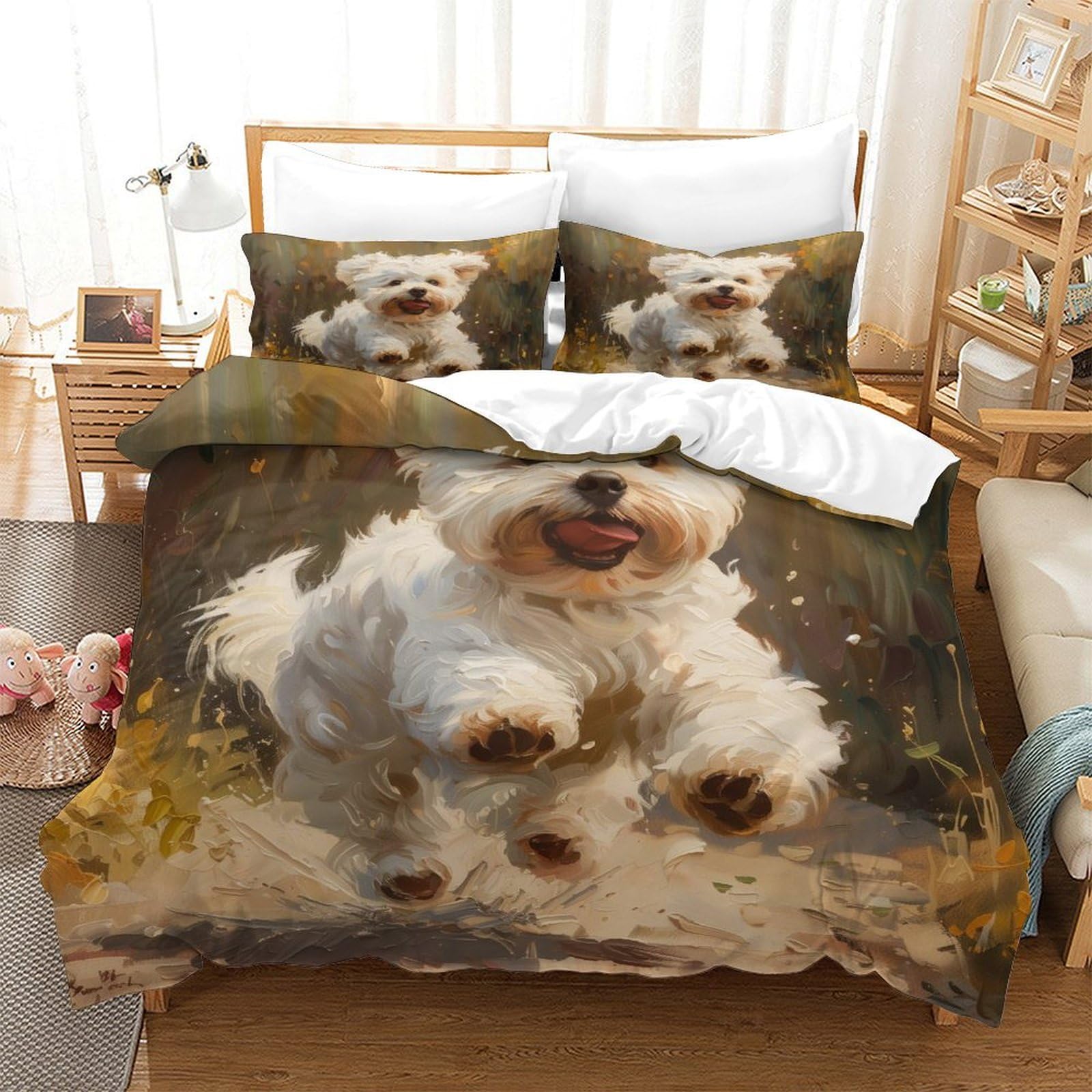 Parure de lit 3 pièces chien maltais microfibre respirante douce housse couette 140x200
