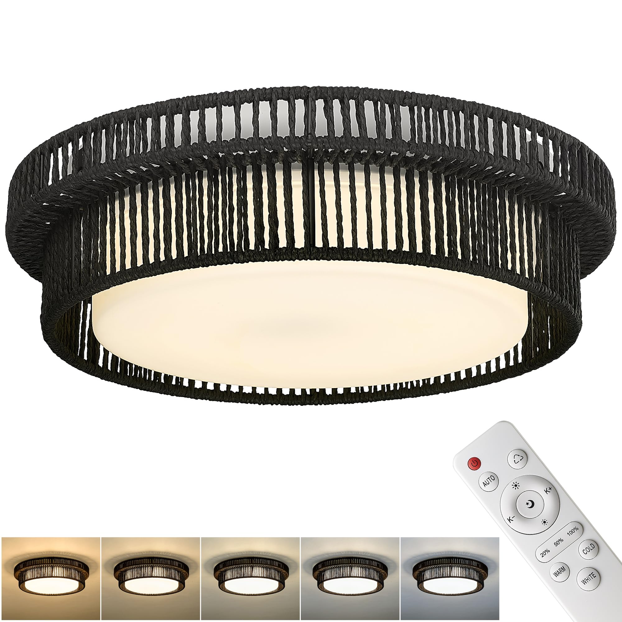 Rattan Light Fixtures Ceiling Mount, HWH 18'' Boho Ceiling Light Fixture with Remote Control, 36W 5CCT LED Ceiling Coastal Lighting Fixtures, Hallway, Black Finish, 5HYS78LF-LED BK