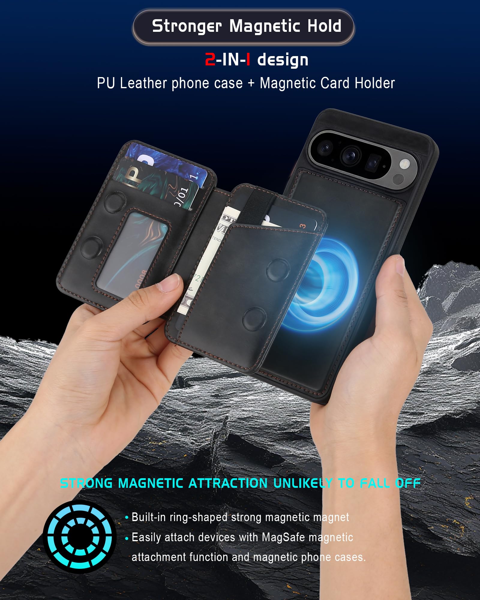 Custodia a portafoglio magnetica staccabile per Google Pixel 11 Pro con cavalletto, 2 in 1 compatibile MagSafe con blocco RFID, custodia sottile in pelle PU nera