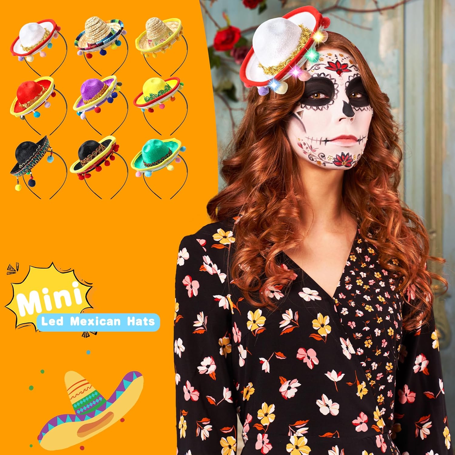9 Pcs Light up Cinco De Mayo Fiesta Headbands Led Mexican Sombrero Headbands Small Sombrero Fabric Headbands with Lights for Luau Event Photo Props Mexican Party Favors Decos