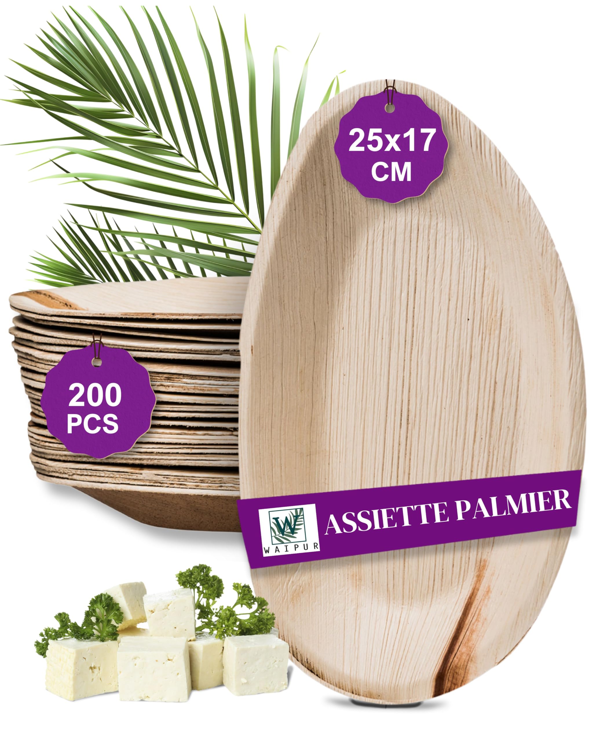 Assiette Jetable en Feuille de Palmier - 200 pcs. Ovales 25 x17 cm - Vaisselle Naturelle et Élégante - Chic, Résistante et au Design Unique - semblable au Bambou et au Bois