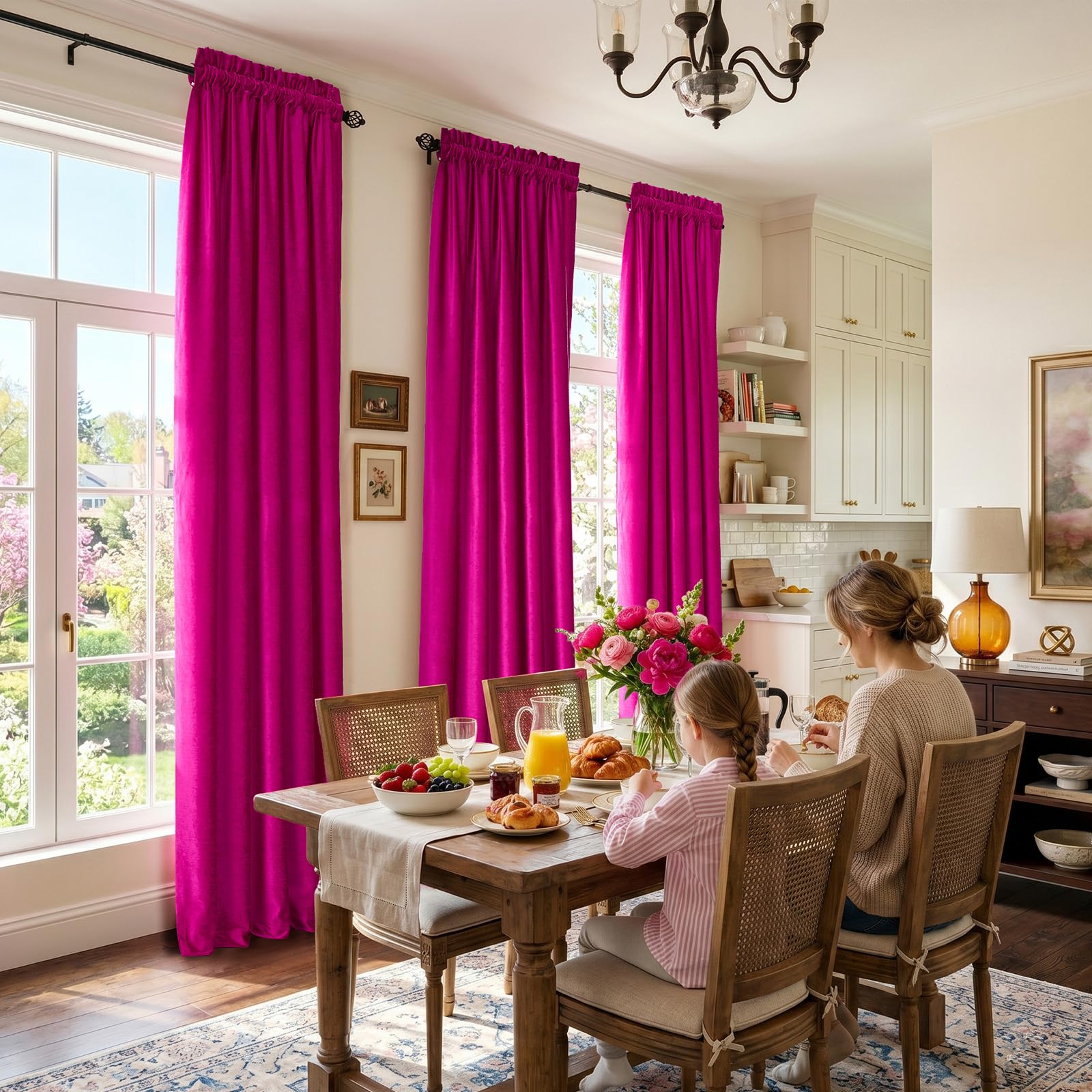 Samtvorhänge, 213,4 cm, für Wohnzimmer, luxuriös, verdunkelnder Vorhang, Fuchsia, elegant, Schlafzimmer, wärmeisoliert, modern, schwer, dick, weich, schalldicht, mit Stangentaschen, Fenstervorhänge