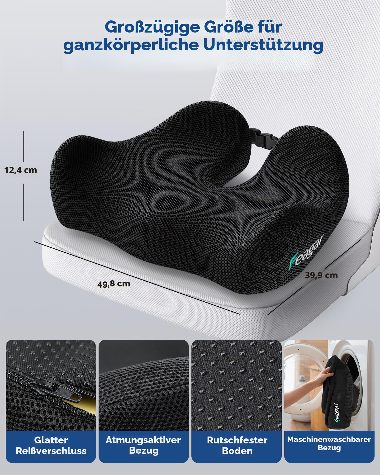 Feagar Ergonomisches Memory-Schaum Sitzkissen Für Bürostuhl (Bis 100kg) | Orthopädisches Steißbeinkissen Für Langem Sitzen, Rutschfest, Rundum-Komfort, Für Autositz, Home Office & Gaming Stuhl