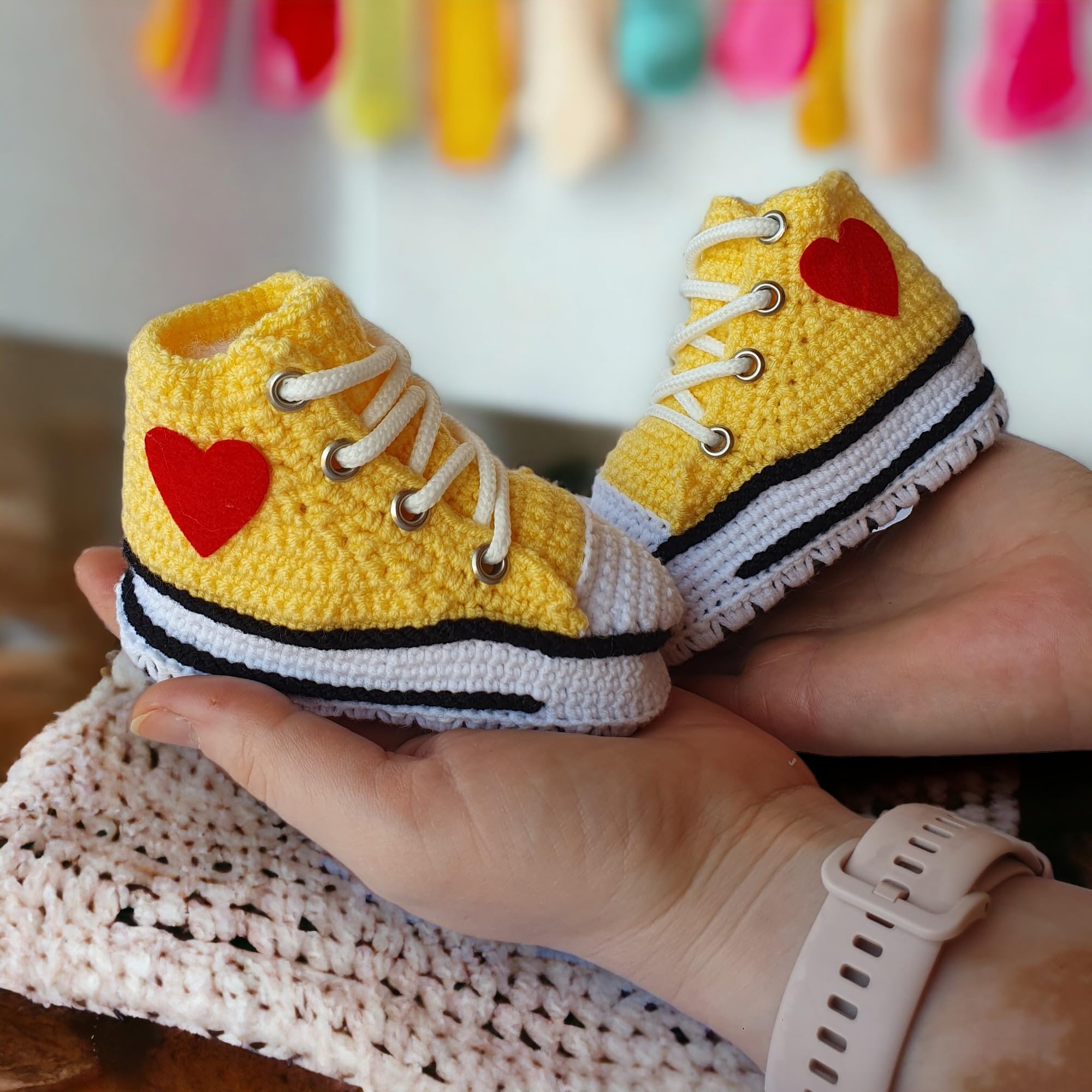 Handmade Yellow Crochet Baby Sneakers Booties, Unique Gender-Neutral Newborn Socks, Customizable Baby Shower Gift, Custom Baby Gifts, Baby Girl/Boy Gifts