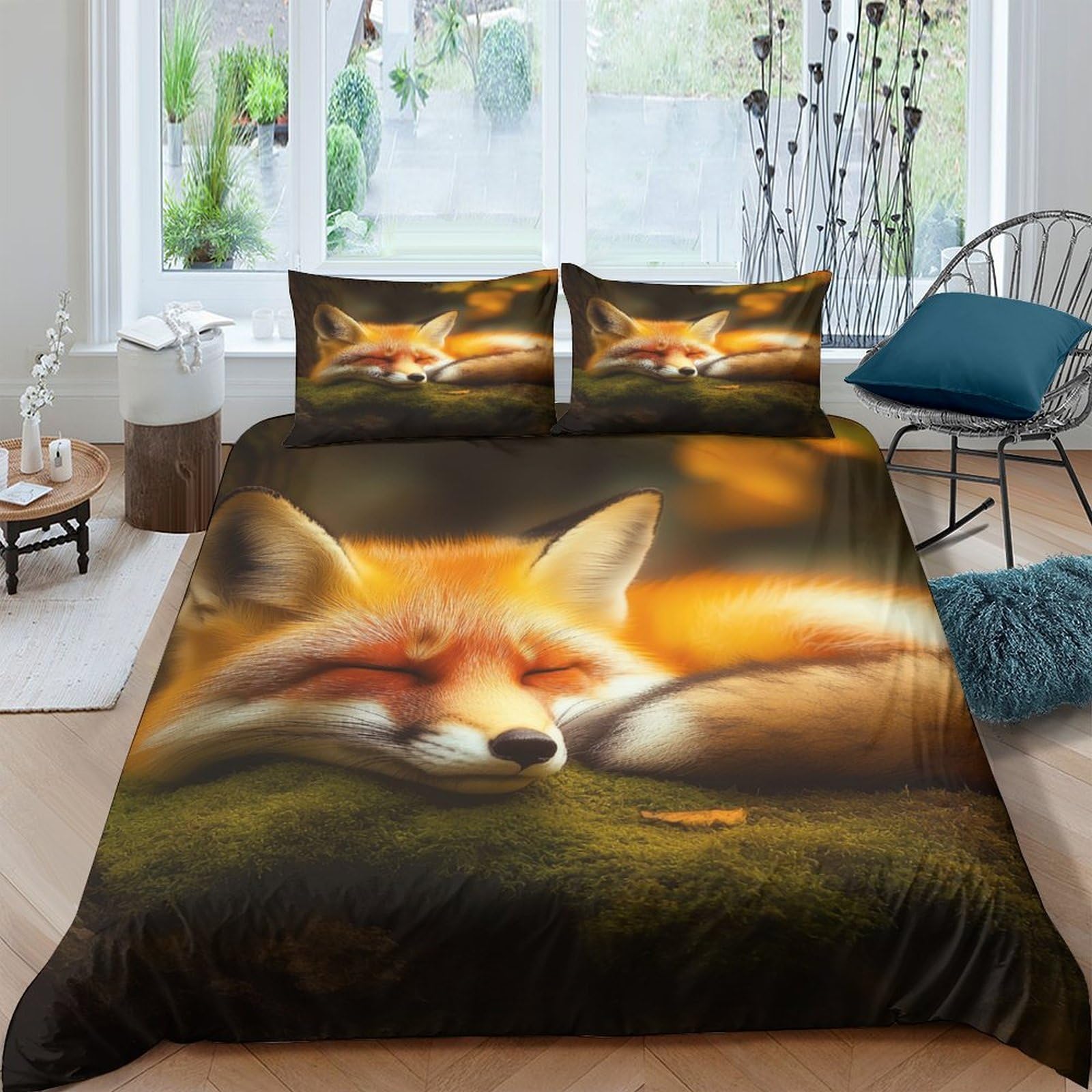 Ctjqhvkz Style-9 3D Printed Sleeping Fox Fitted Sheet Microfiber Autumn Forest Bed Cover For Bedroom Guest Room Mattress Protection Single（135X200cm）