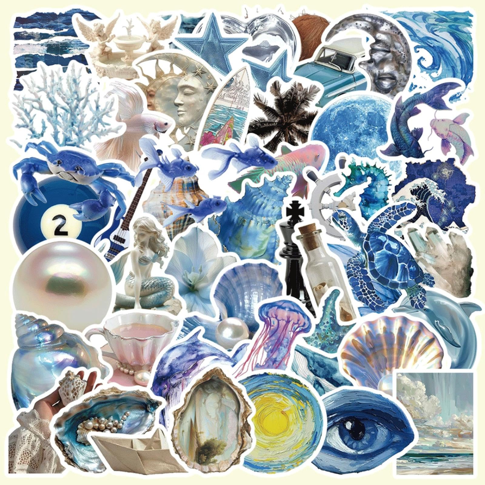 50 Pcs Cute Silver Blue Ocean Beach Stickers，Vinyl Waterproof Decal,Perfect for Kids,Teens, Adult Home Decor,Water Bottle Suitcase Phone Skateboard