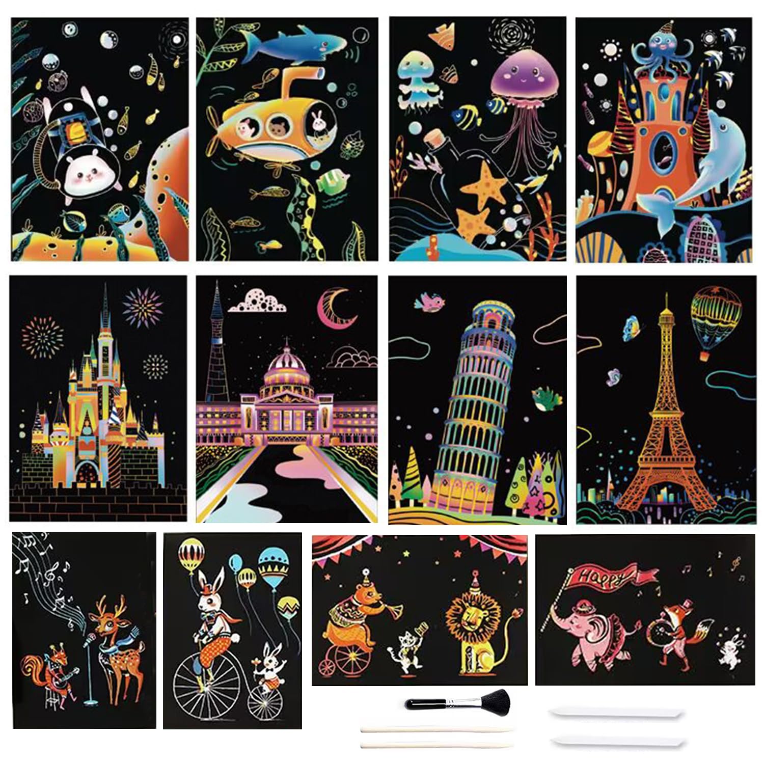 Kit De Cartes à Gratter Pour Enfants Et Adultes - 8 Dessins à Révéler Avec Grattoir - Activité Créative, Décoration, Cadeau