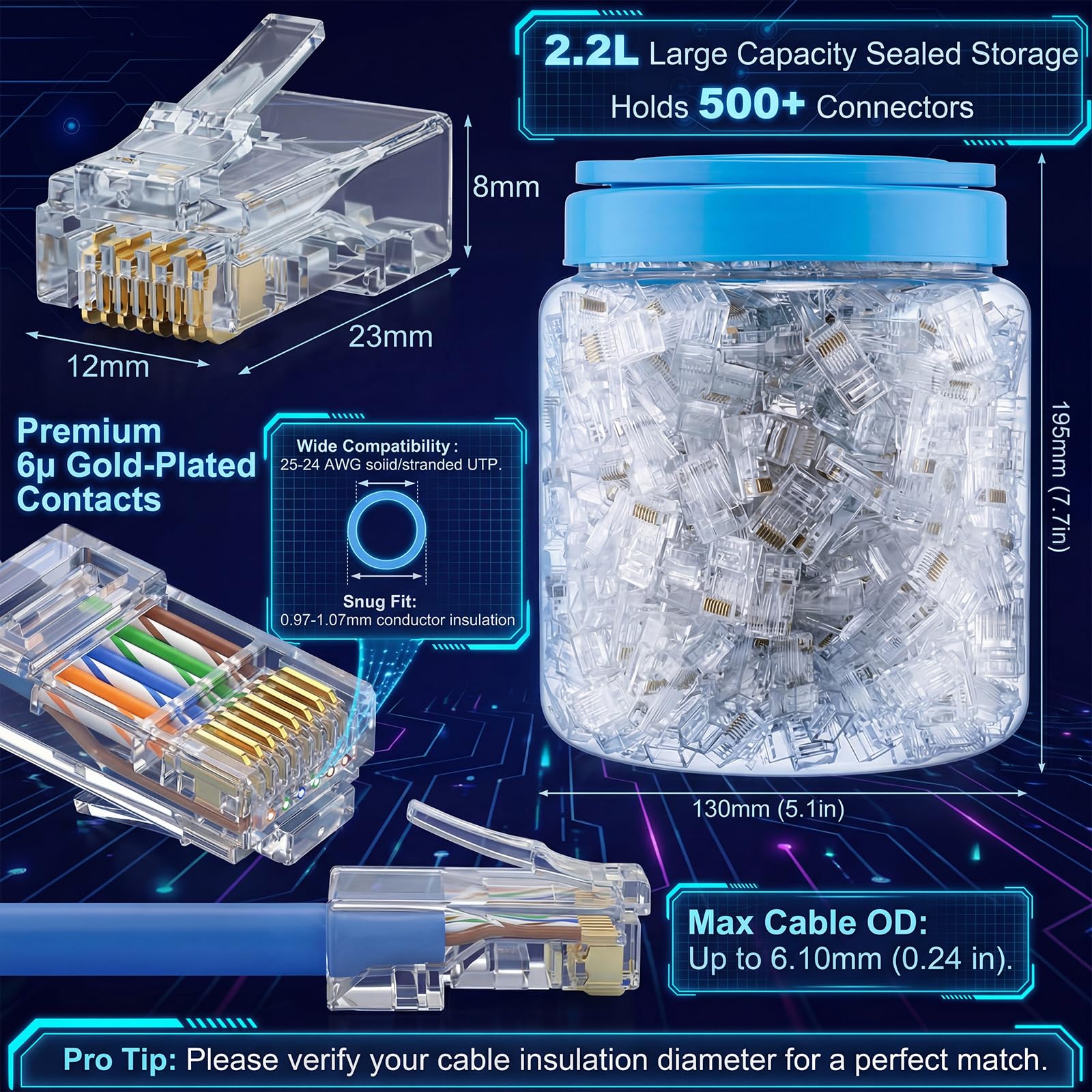 Tellegloww Lot de 500 connecteurs RJ45 Cat6 en vrac plaqués or 6µ pour câbles Ethernet Utp solides et toronnés