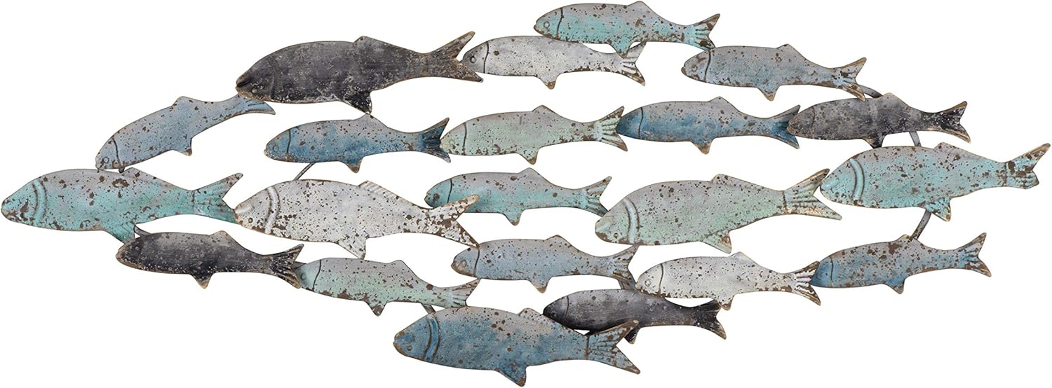 Creative Co-Op Wood School of Fish Wall Décor, Distressed Turquoise and White