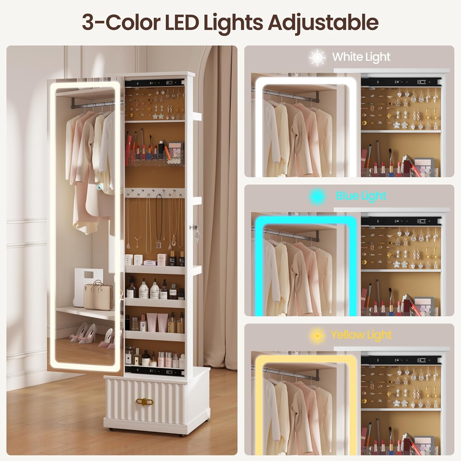 Lvifur Jewelry Cabinet with LED Mirror - Side Sliding Door Jewelry Armoires for Bedroom,Standing Jewelry Organizer with Full Length Mirror&3 Photo Frames&Drawer&Movable Wheels for Cloakroom,White - Image 4