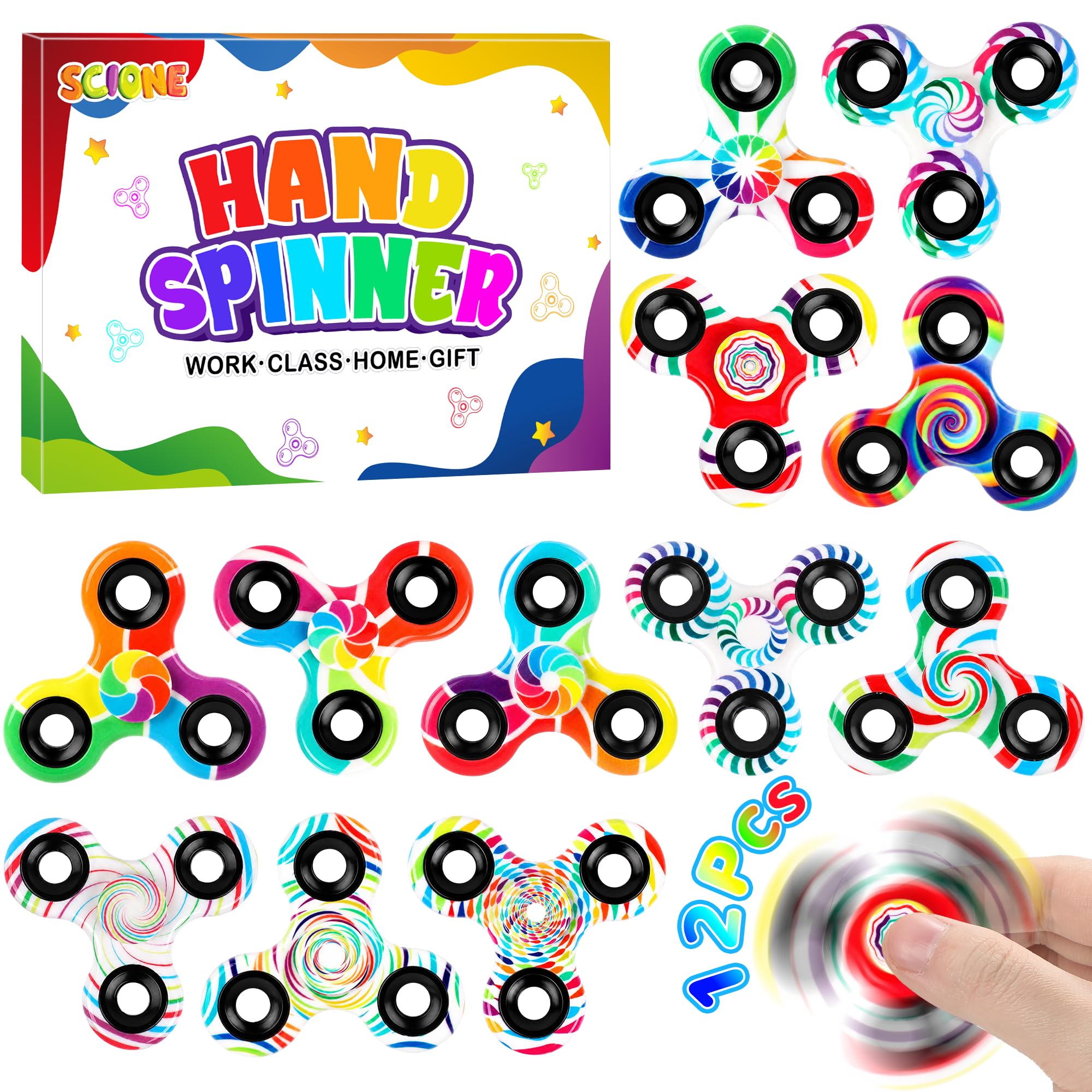 SCIONE [12 Pack] Modern Pattern Fidget Spinners (2.48 Inch/6.3 cm), High Speed Performance Fidget Toys, Bulk Classroom Prizes & Stocking Fillers, Sensory Tools for Concentration, Cool Gadgets for Kids