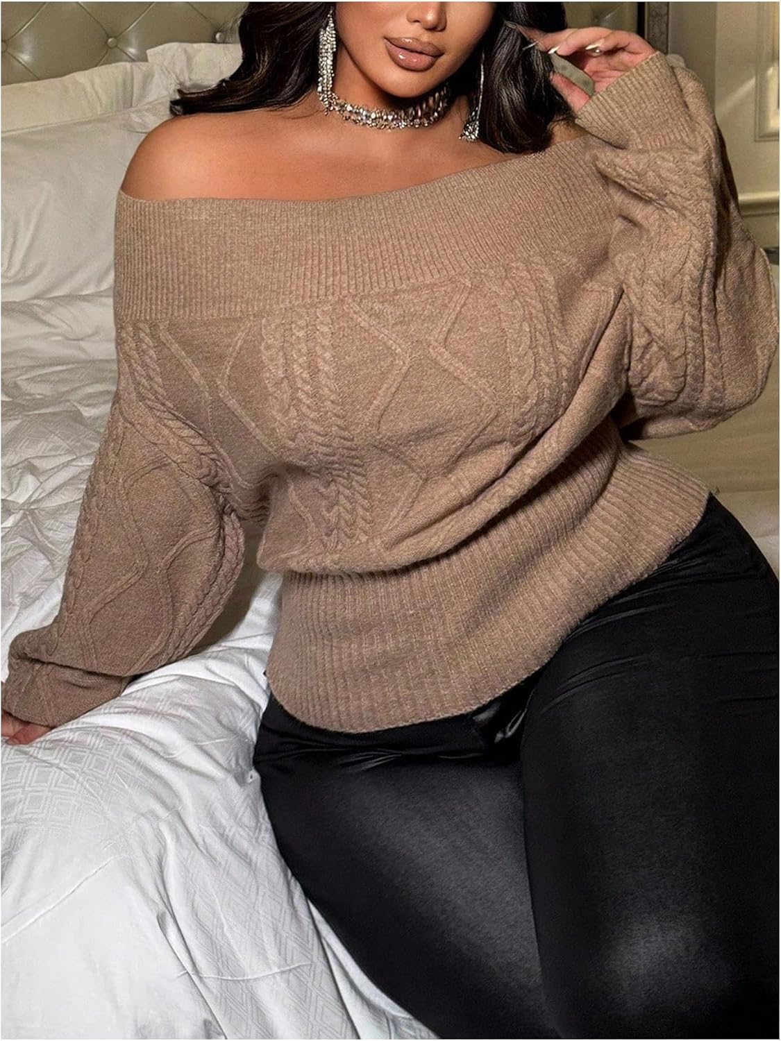 SOLY HUX Plus Size Sweaters for Women Off The Shoulder Long Sleeve Cable Knit Pullover Tops Fall Winter Clothes