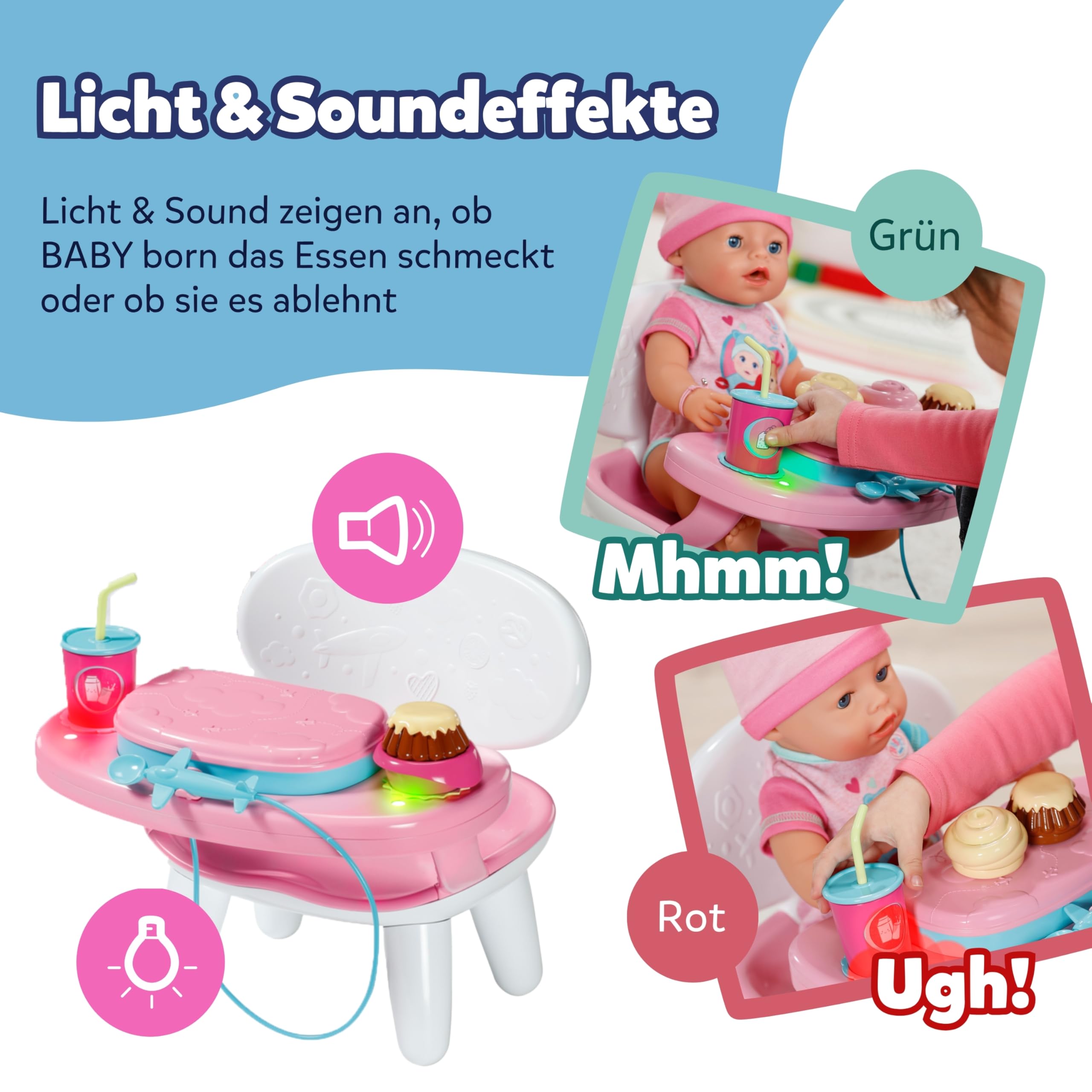 BABY born Stół do karmienia z funkcją oświetlenia i dźwięku, z ponad 10 różnymi potrawami i napojami, dla lalek 43 cm, 840634 Zapf Creation