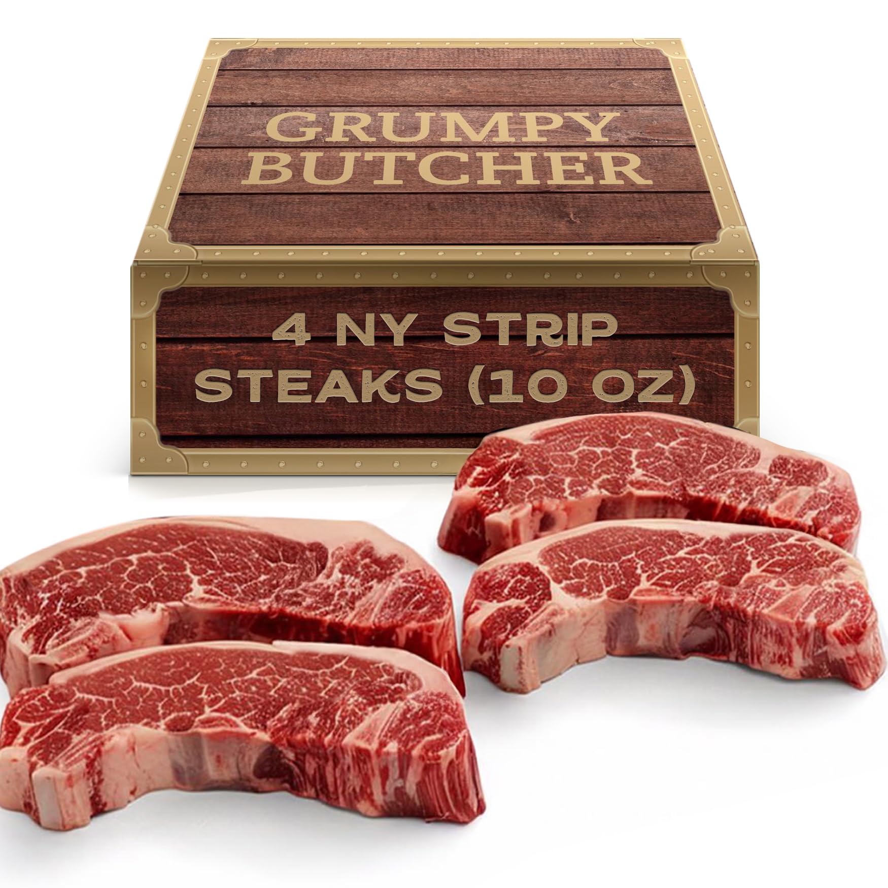 Grumpy Butcher New York Strip Steaks, 10 Ounce (Pack of 4) - Prime Steakhouse Quality Beef NY Strip Steak Meat - Meat Gift Packages Specials Avaialble