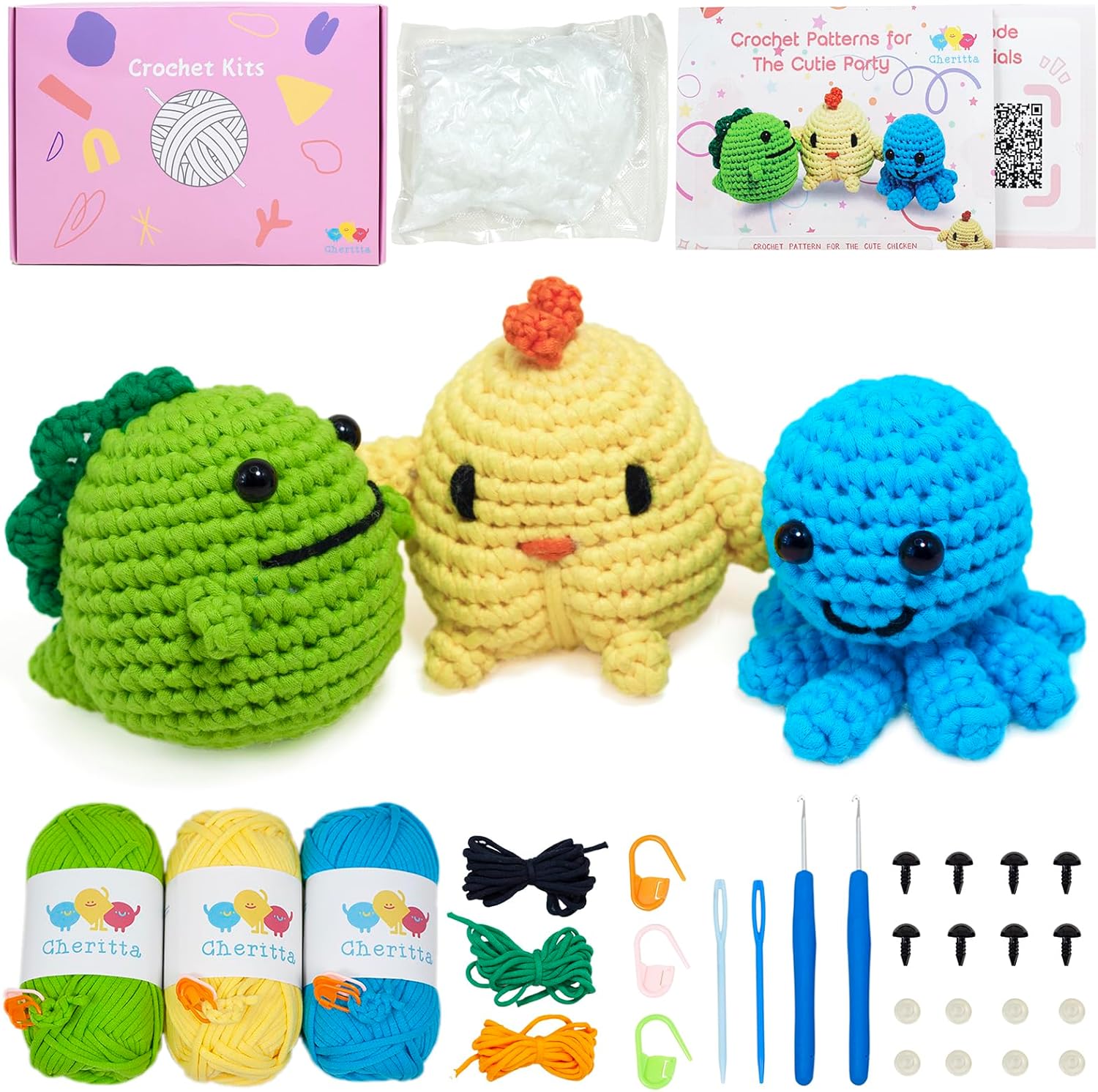 Cheritta Crochet Animal Kit for Beginners – 3 Patterns: Chick, Octopus, Dino | Knitting Kit for Adults and Kids with Step-by-Step Video Tutorials, Yarns, Hooks, and Accessories